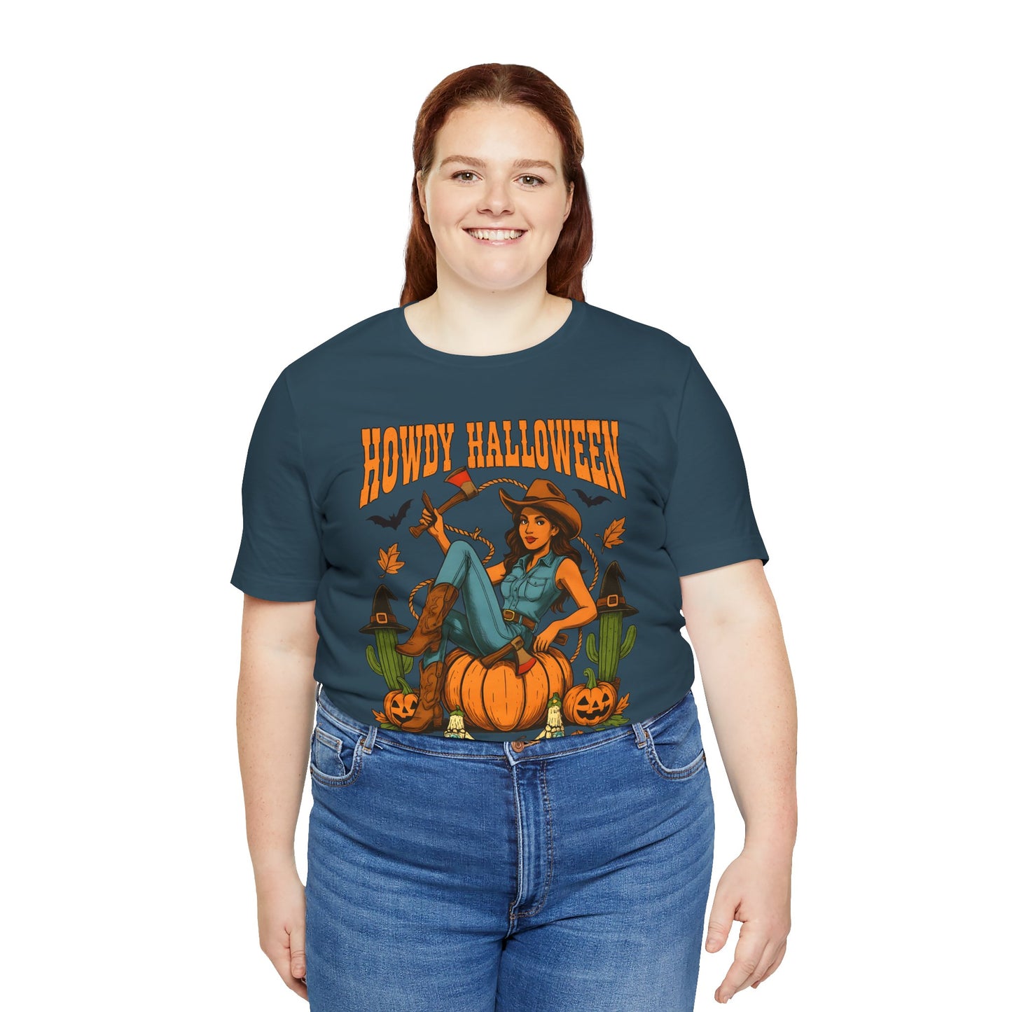 Howdy Halloween Shirt – Cowgirl on Pumpkin Tee with Skeleton Hands