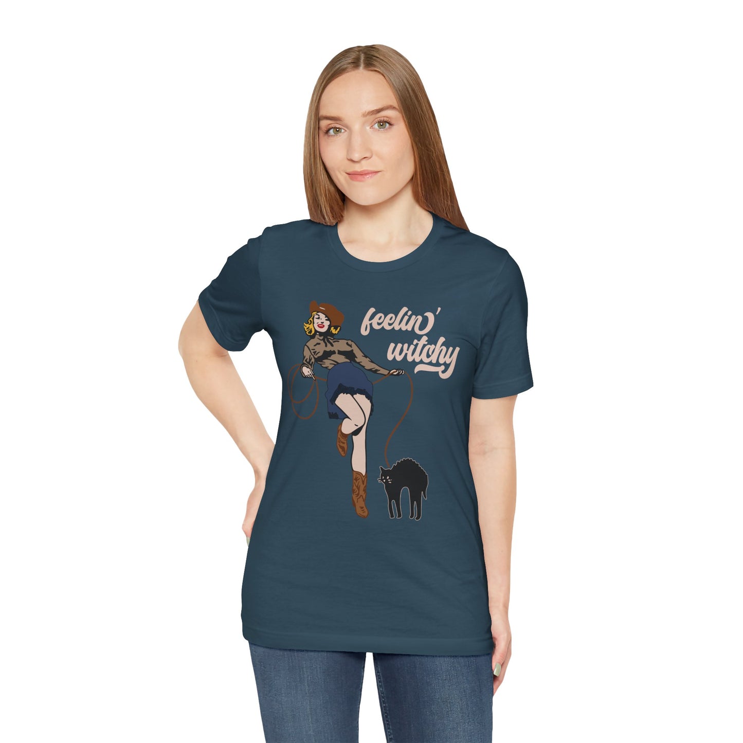 Feeling Witchy Shirt – Vintage Pin-Up Girl & Black Cat Halloween Tee