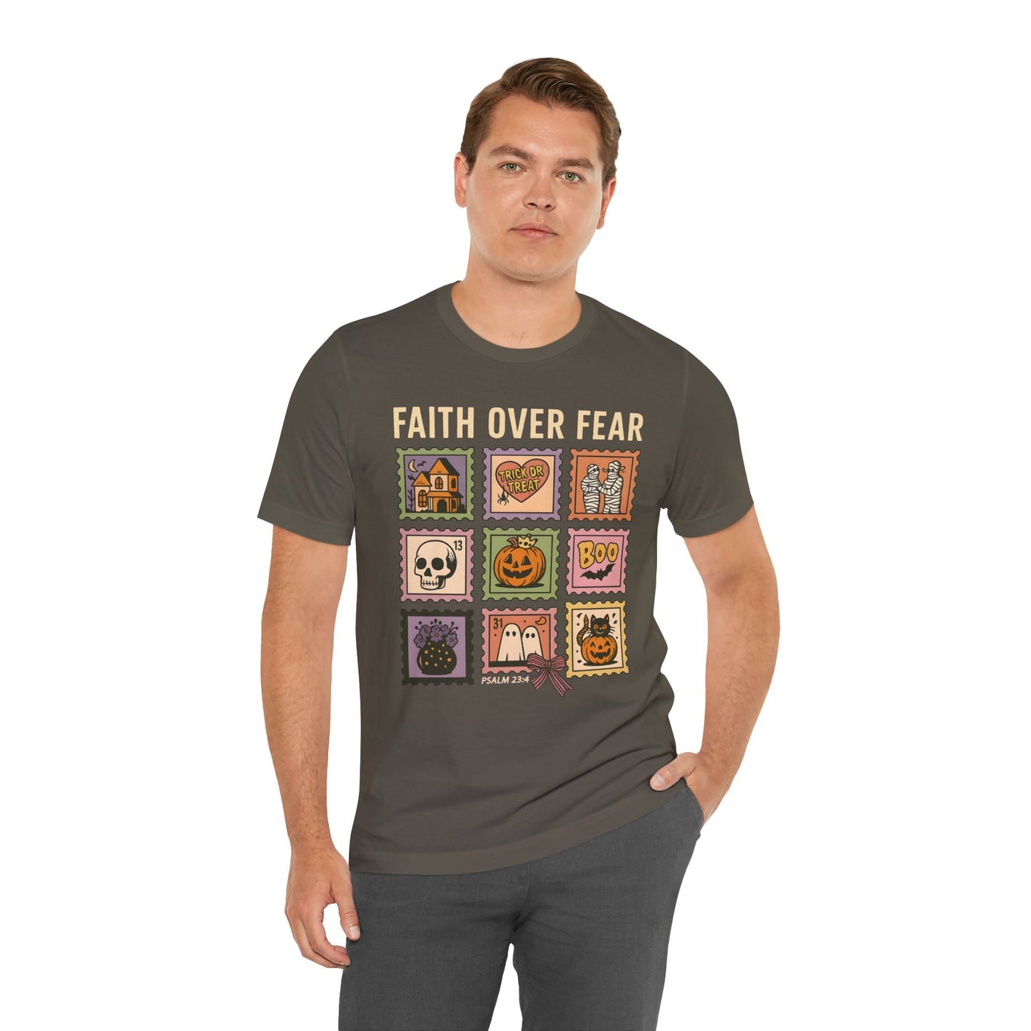 Faith Over Fear Shirt, Christian Halloween Stamp T-Shirt, Religious Spooky Season Tee