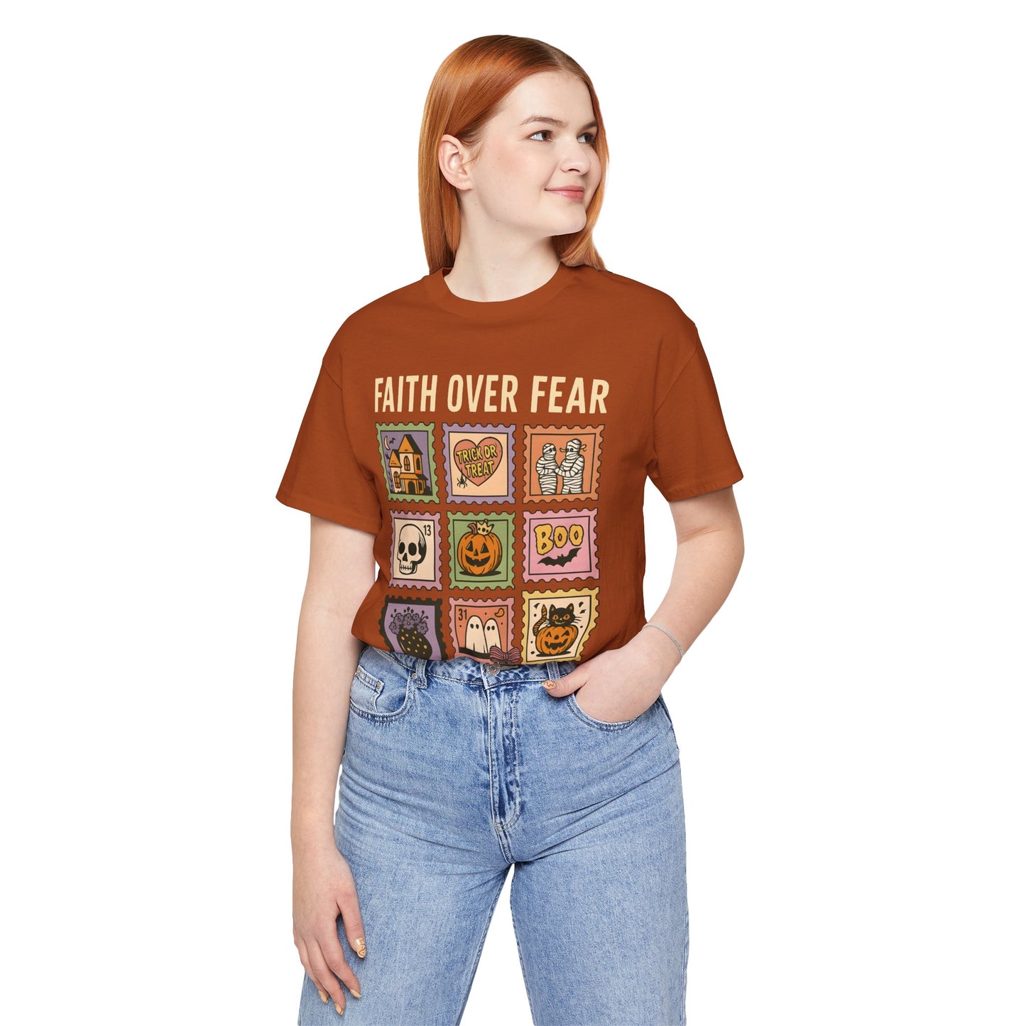 Faith Over Fear Shirt, Christian Halloween Stamp T-Shirt, Religious Spooky Season Tee