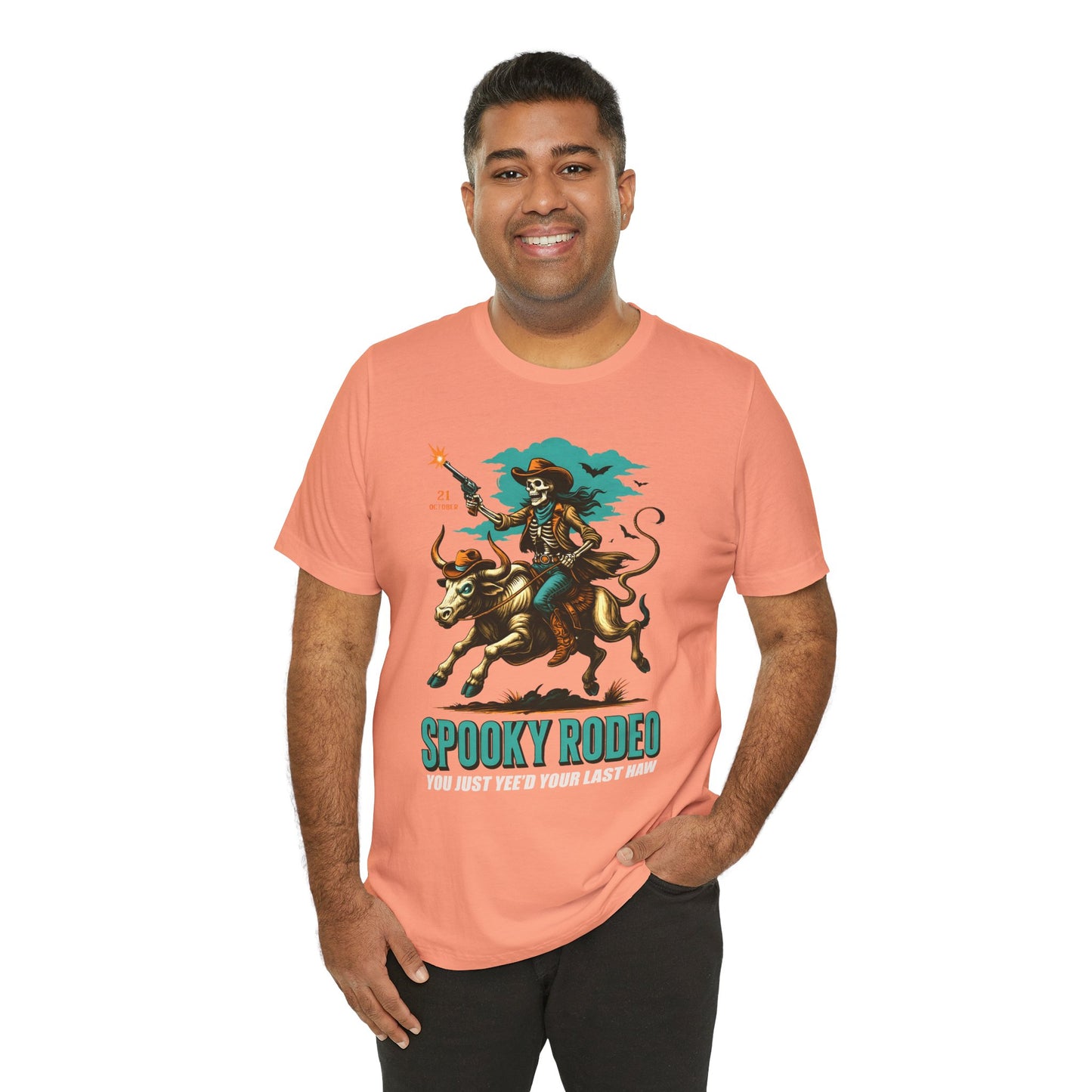 Spooky Rodeo Shirt Skeleton Cowboy Halloween Tee, Western Bull Rider Graphic for Fall