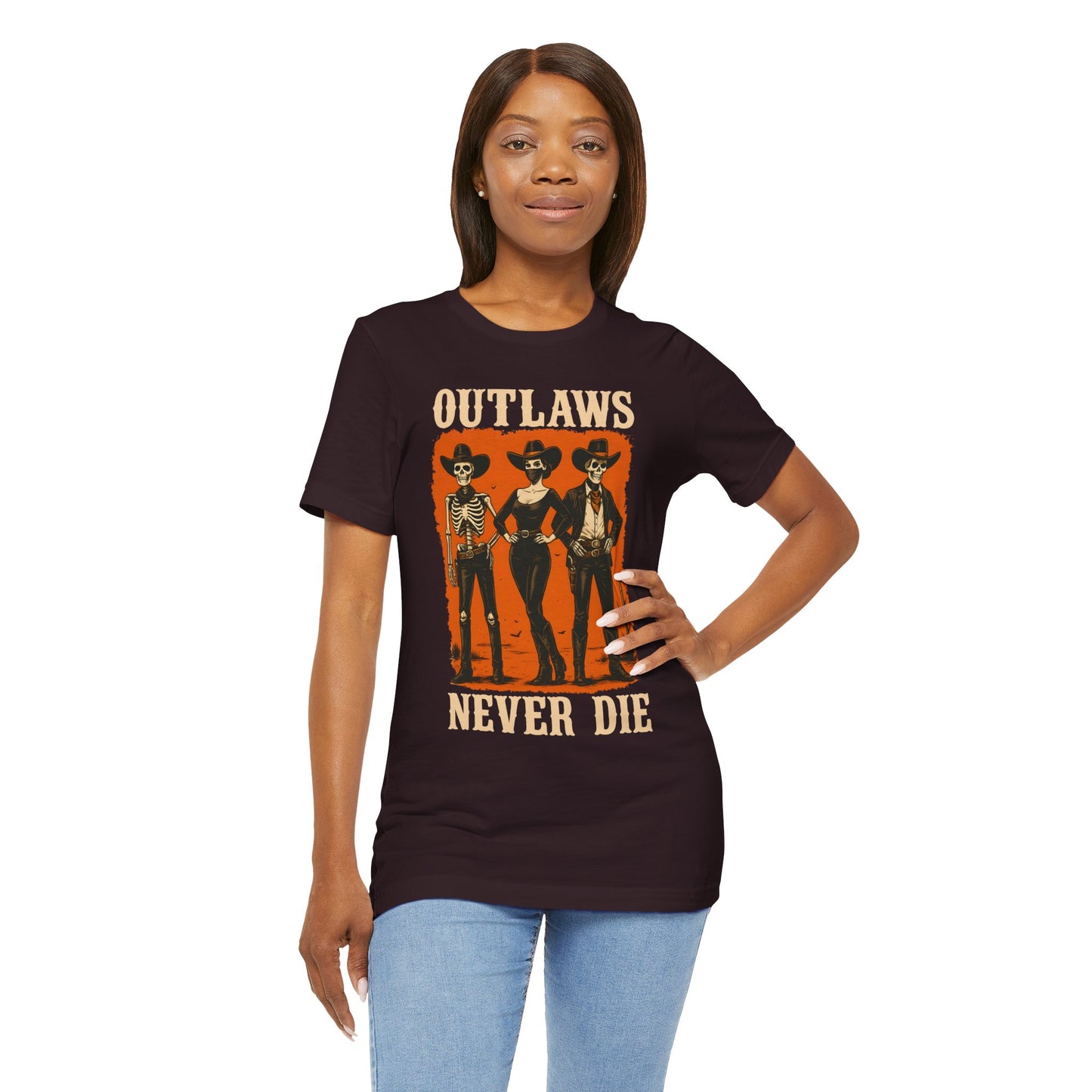 Outlaws Never Die Shirt – Gothic Western Skeleton Cowboy Halloween Tee