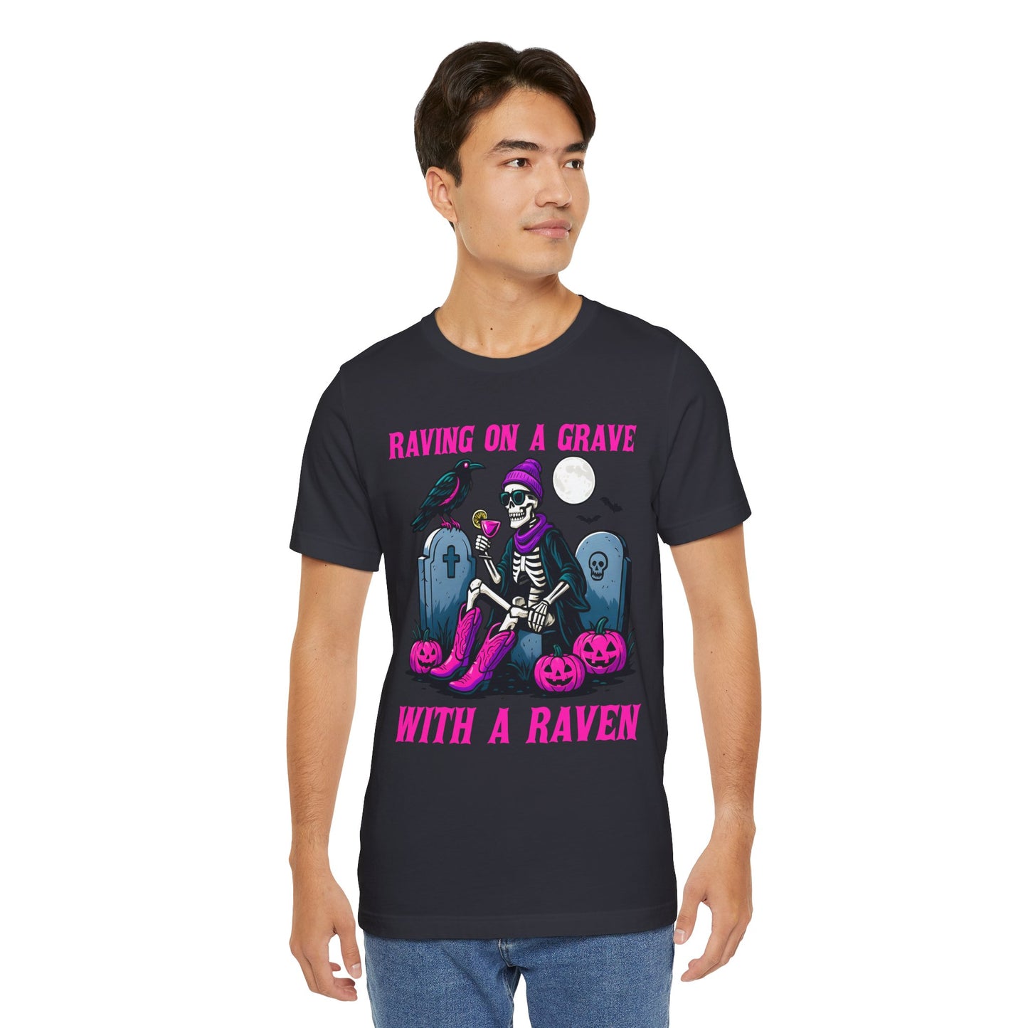 Raving on a Grave Shirt – Halloween Skeleton Raven Gothic Party Tee