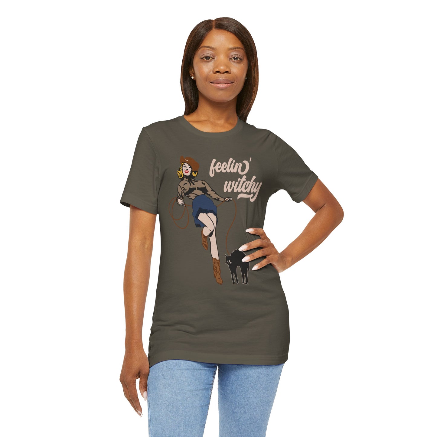 Feeling Witchy Shirt – Vintage Pin-Up Girl & Black Cat Halloween Tee