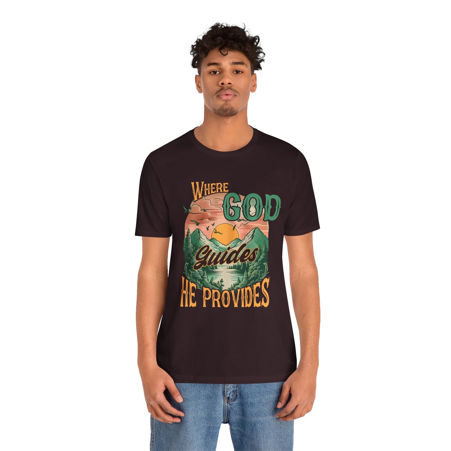 Where God Guides He Provides Shirt – Mountain Sunset Retro Christian Tee