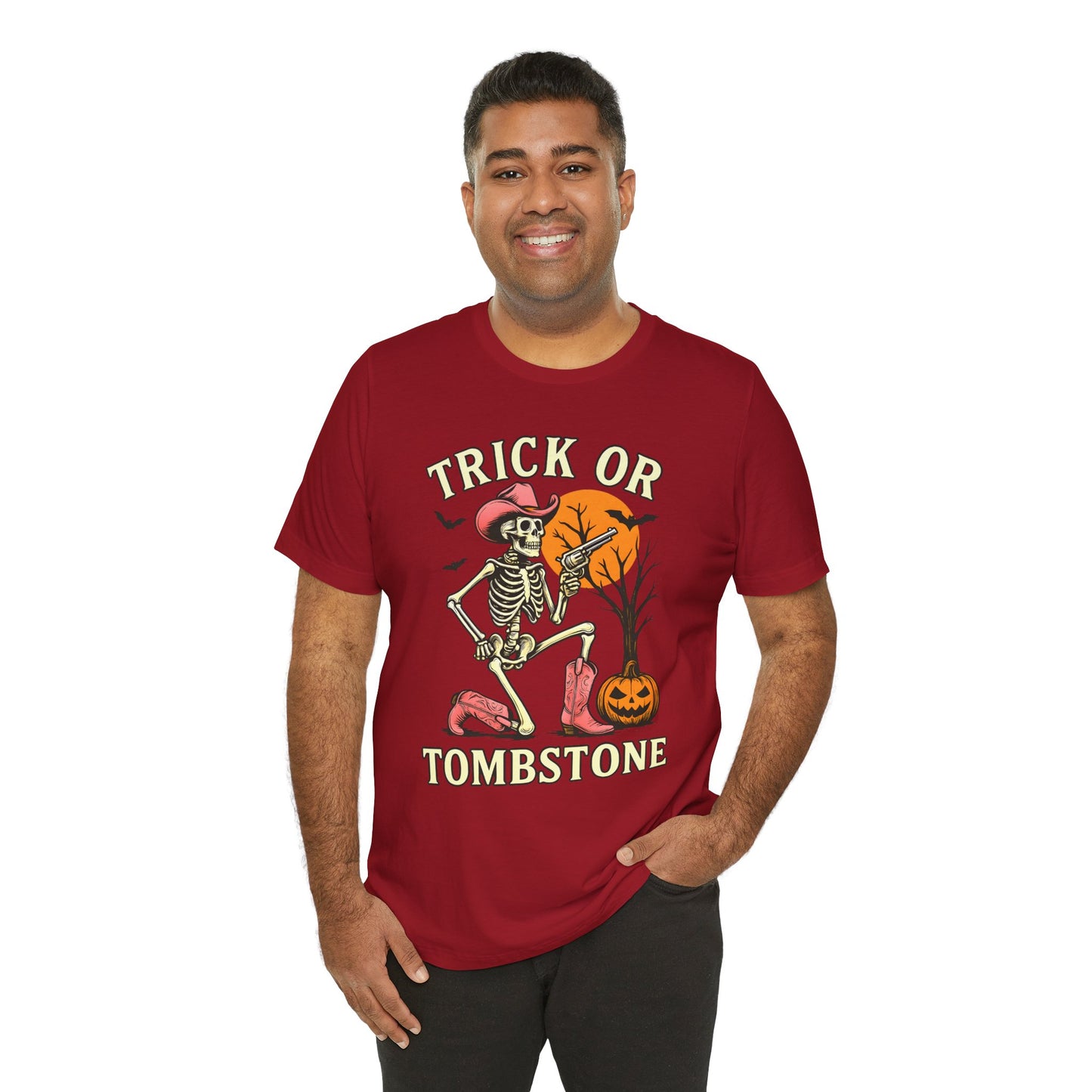 Trick or Tombstone Shirt Funny Skeleton Cowboy Halloween Tee, Spooky Western Rodeo Outfit