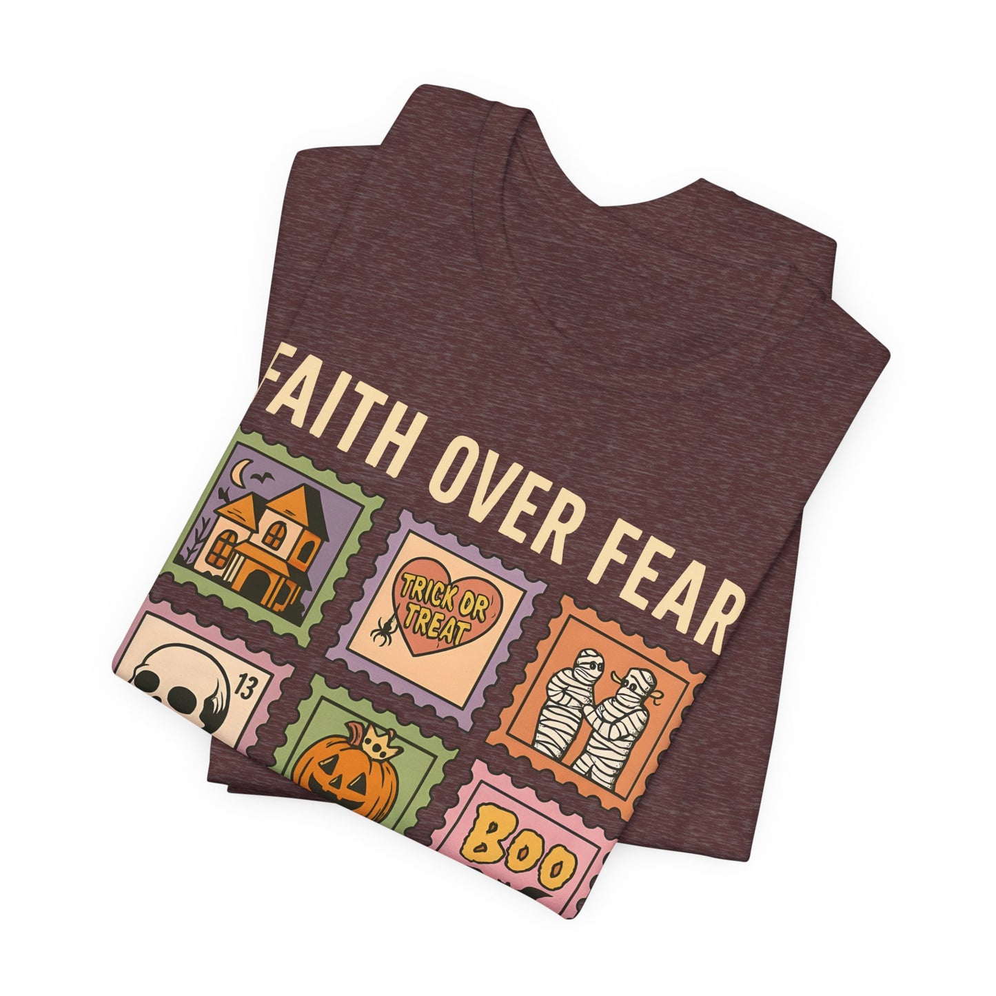 Faith Over Fear Shirt, Christian Halloween Stamp T-Shirt, Religious Spooky Season Tee