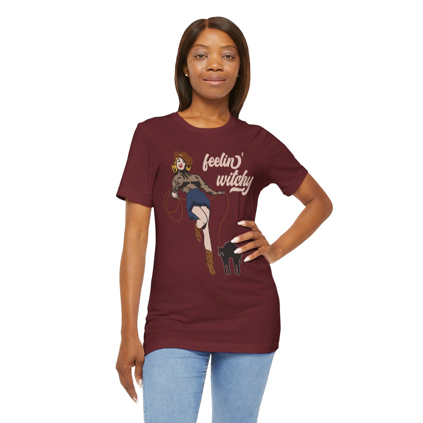 Feeling Witchy Shirt – Vintage Pin-Up Girl & Black Cat Halloween Tee