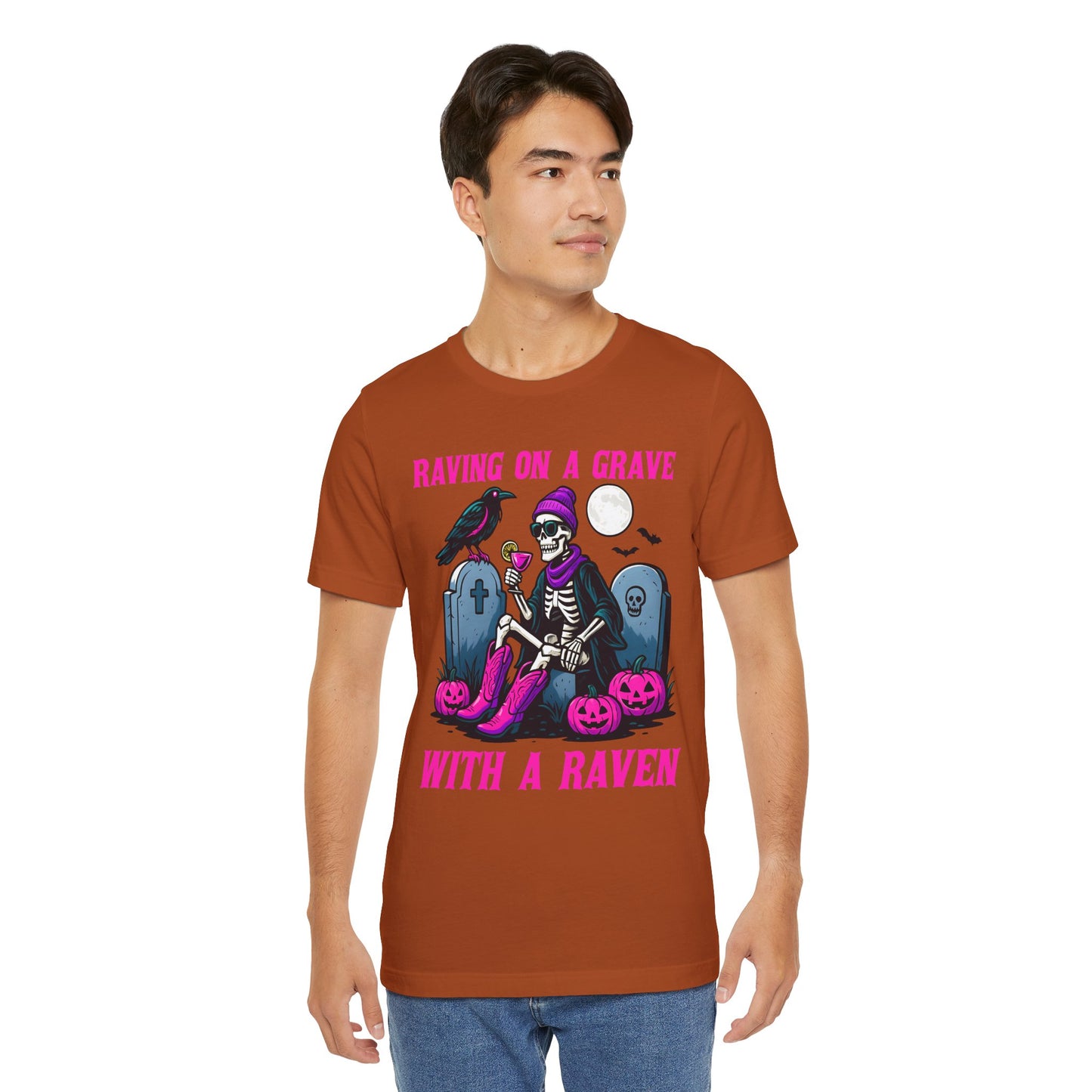 Raving on a Grave Shirt – Halloween Skeleton Raven Gothic Party Tee