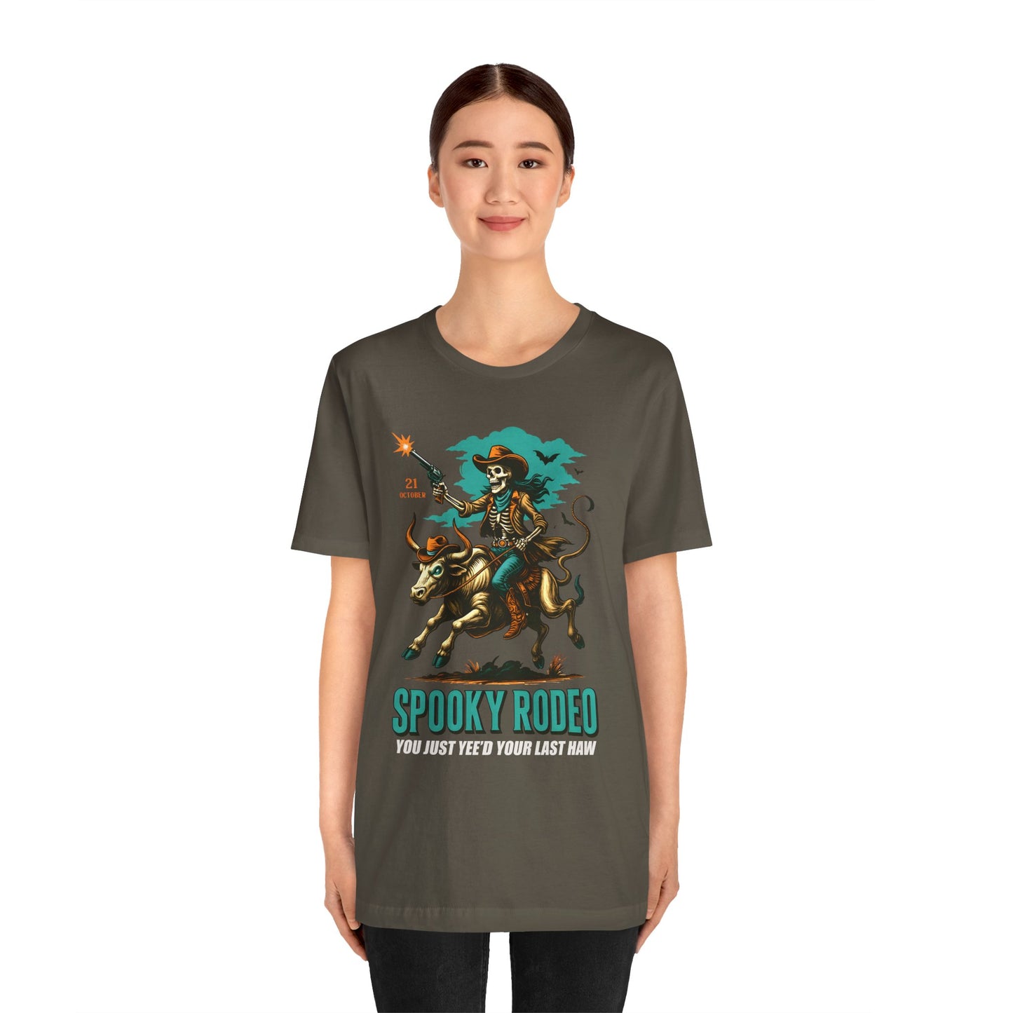 Spooky Rodeo Shirt Skeleton Cowboy Halloween Tee, Western Bull Rider Graphic for Fall
