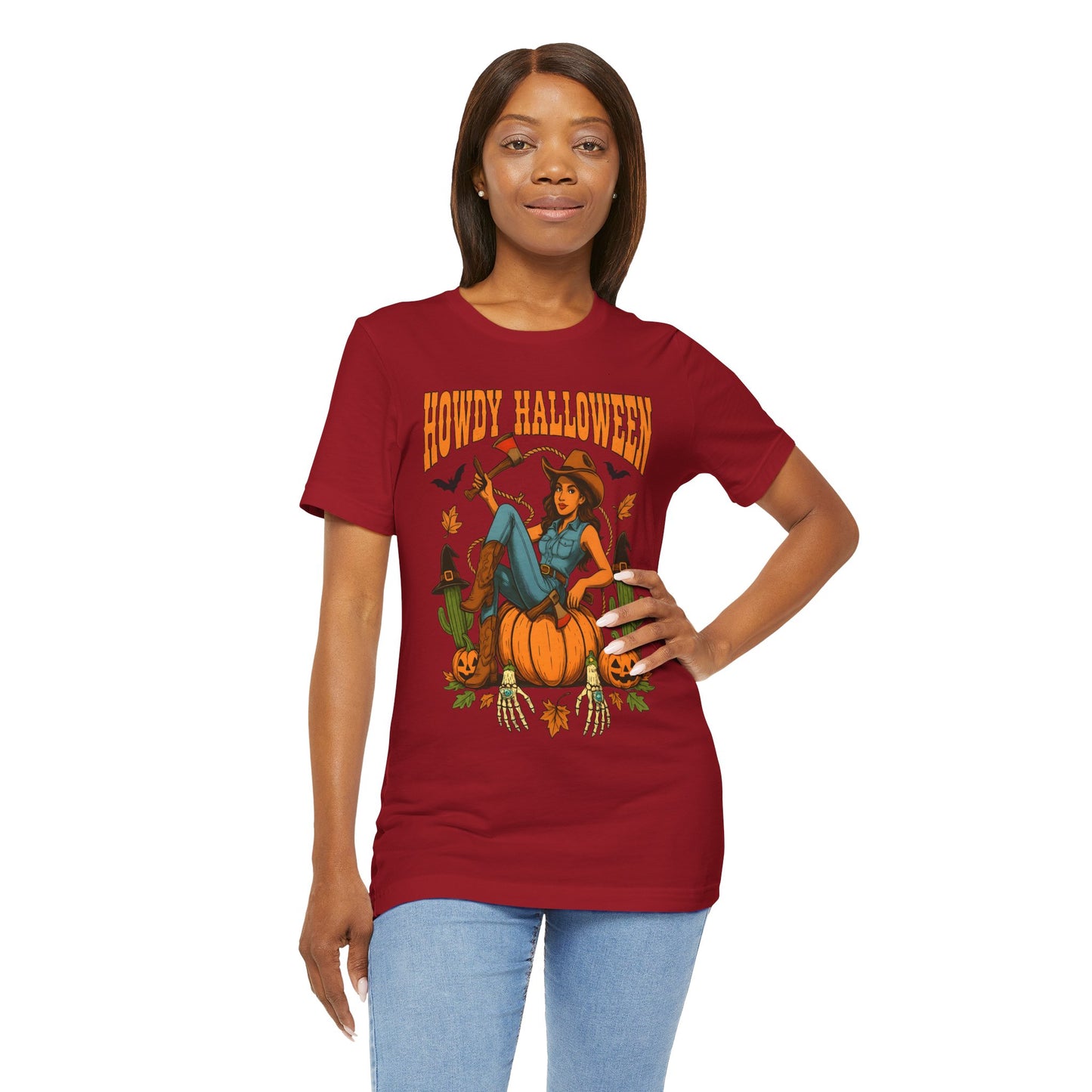 Howdy Halloween Shirt – Cowgirl on Pumpkin Tee with Skeleton Hands