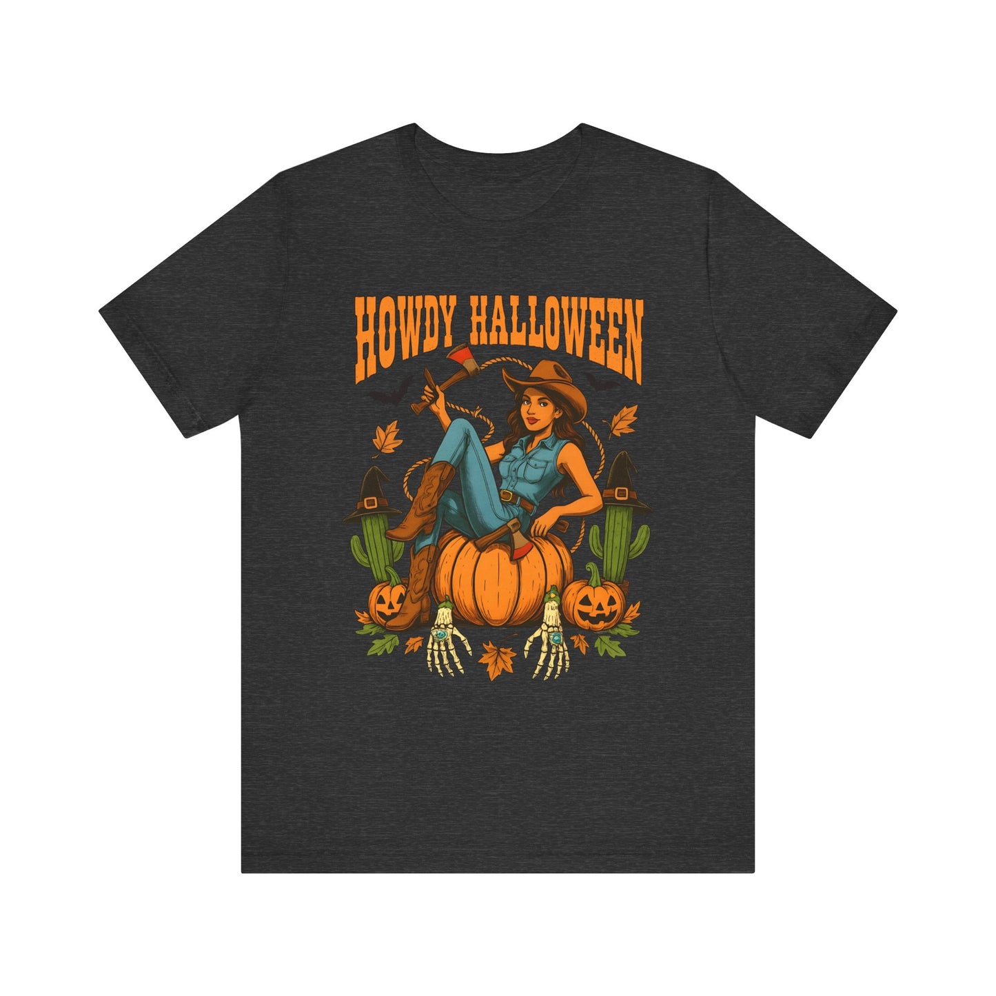 Howdy Halloween Shirt – Cowgirl on Pumpkin Tee with Skeleton Hands