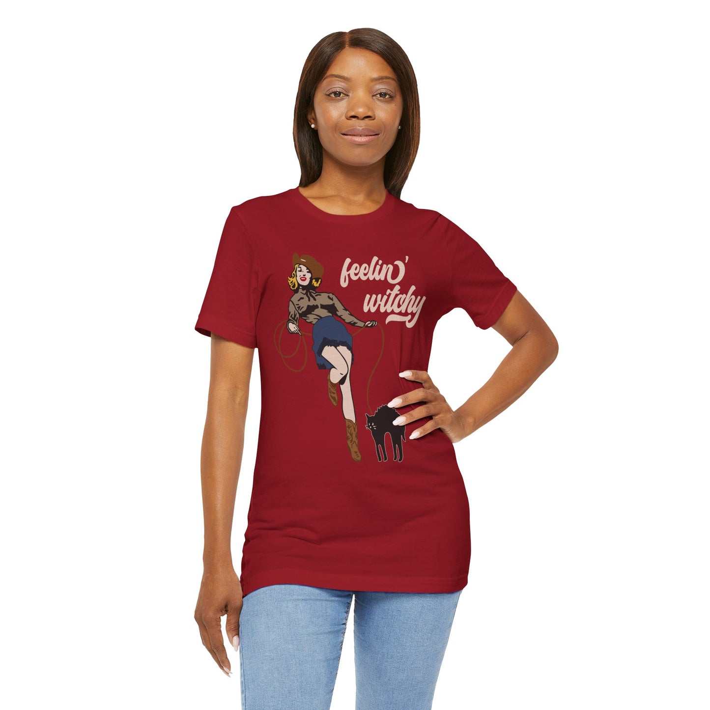 Feeling Witchy Shirt – Vintage Pin-Up Girl & Black Cat Halloween Tee