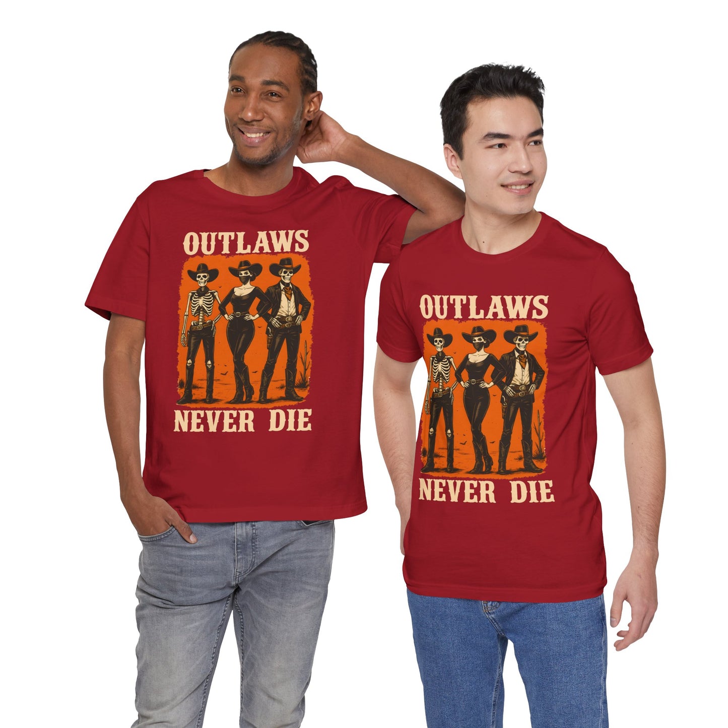 Outlaws Never Die Shirt – Gothic Western Skeleton Cowboy Halloween Tee