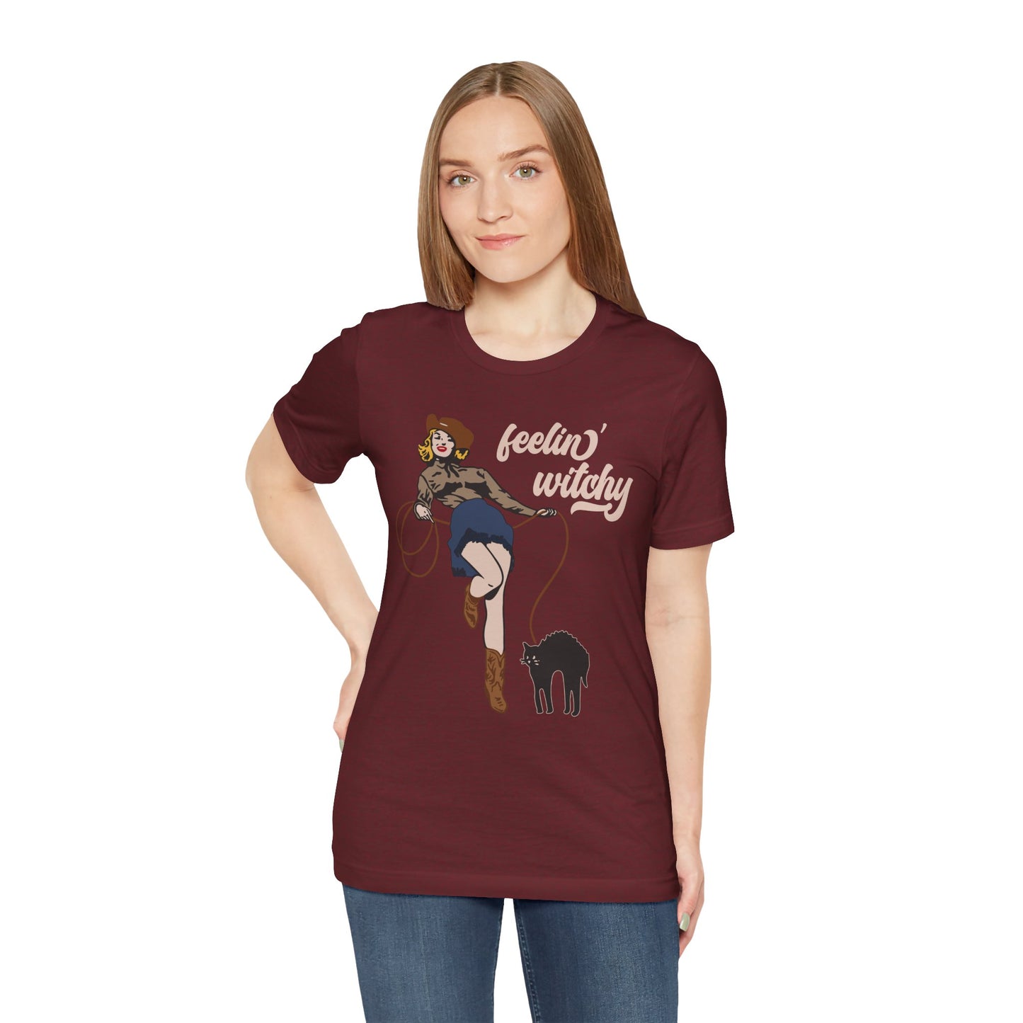 Feeling Witchy Shirt – Vintage Pin-Up Girl & Black Cat Halloween Tee