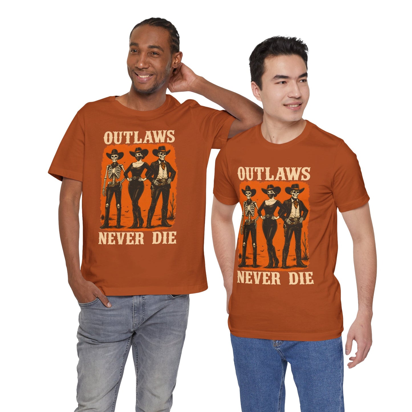 Outlaws Never Die Shirt – Gothic Western Skeleton Cowboy Halloween Tee