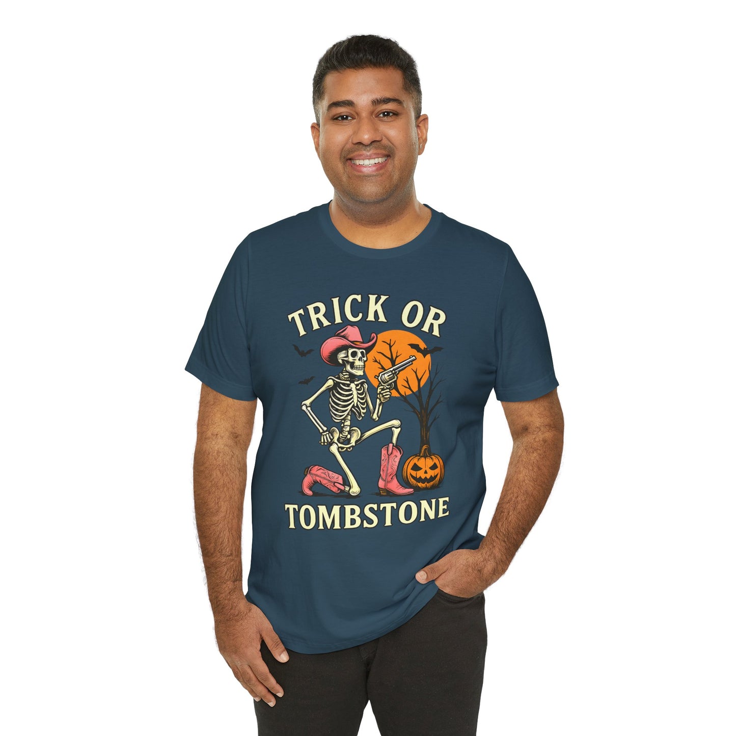 Trick or Tombstone Shirt Funny Skeleton Cowboy Halloween Tee, Spooky Western Rodeo Outfit