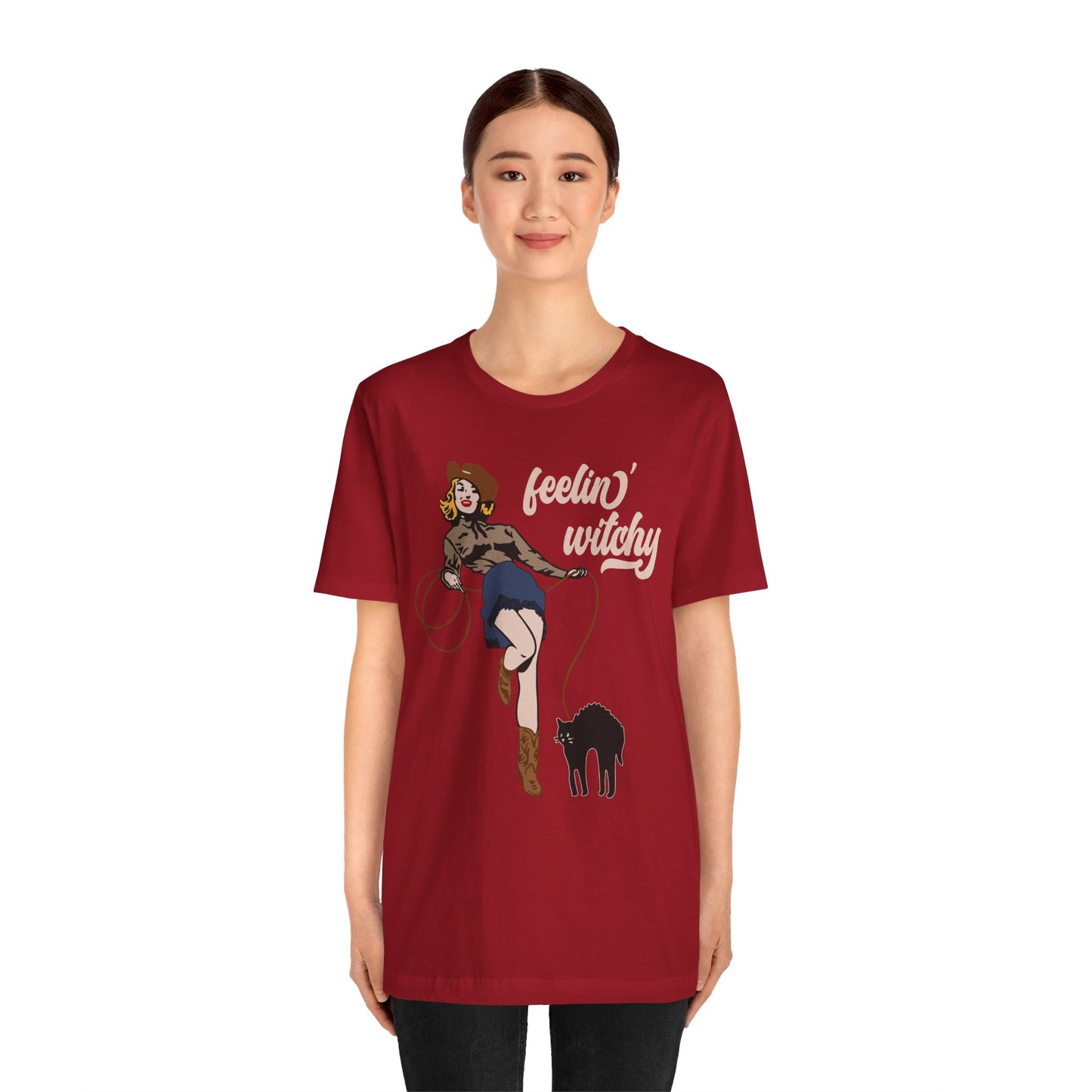 Feeling Witchy Shirt – Vintage Pin-Up Girl & Black Cat Halloween Tee