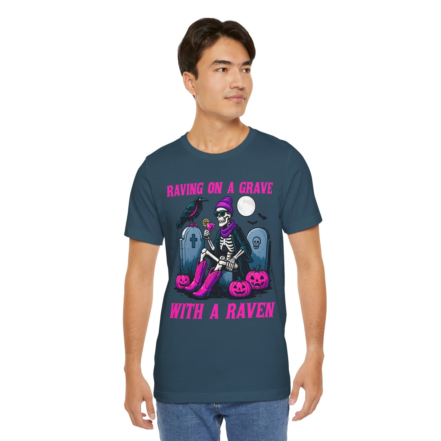 Raving on a Grave Shirt – Halloween Skeleton Raven Gothic Party Tee