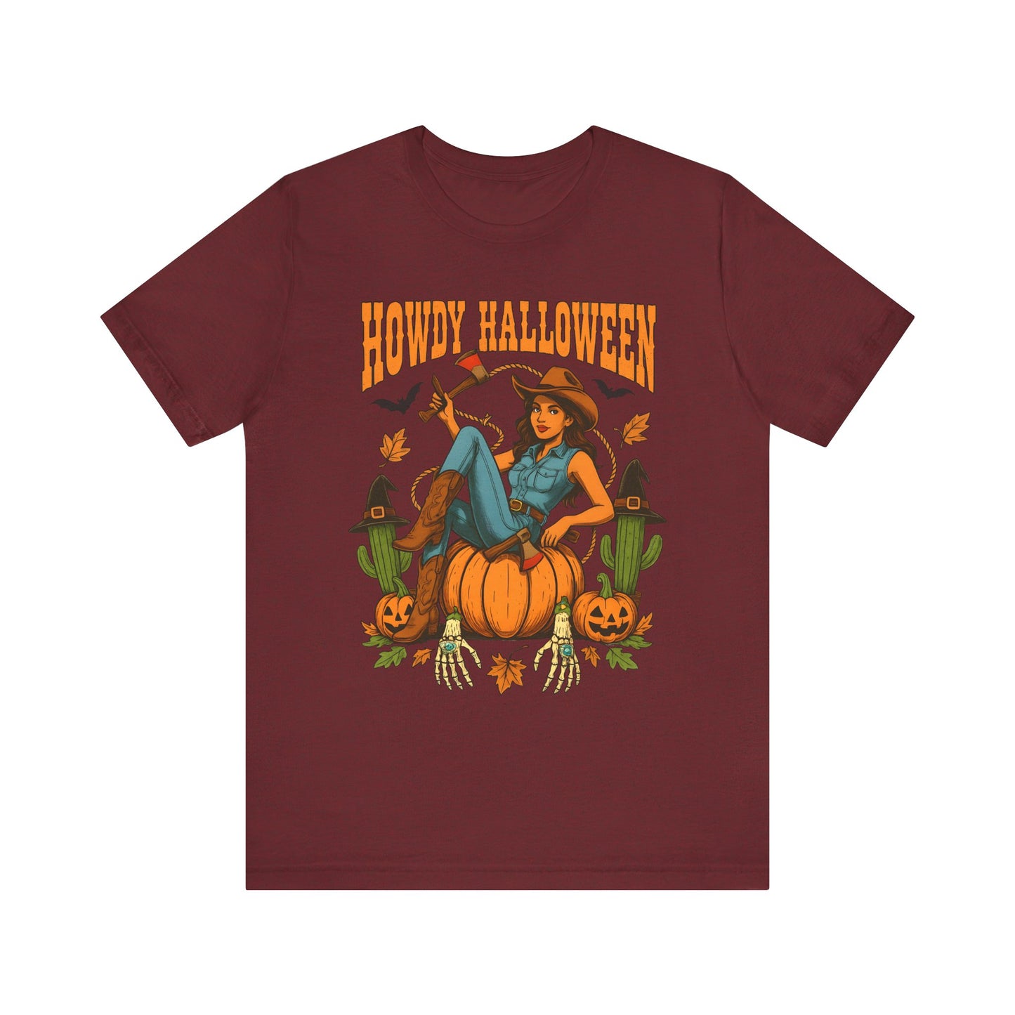 Howdy Halloween Shirt – Cowgirl on Pumpkin Tee with Skeleton Hands