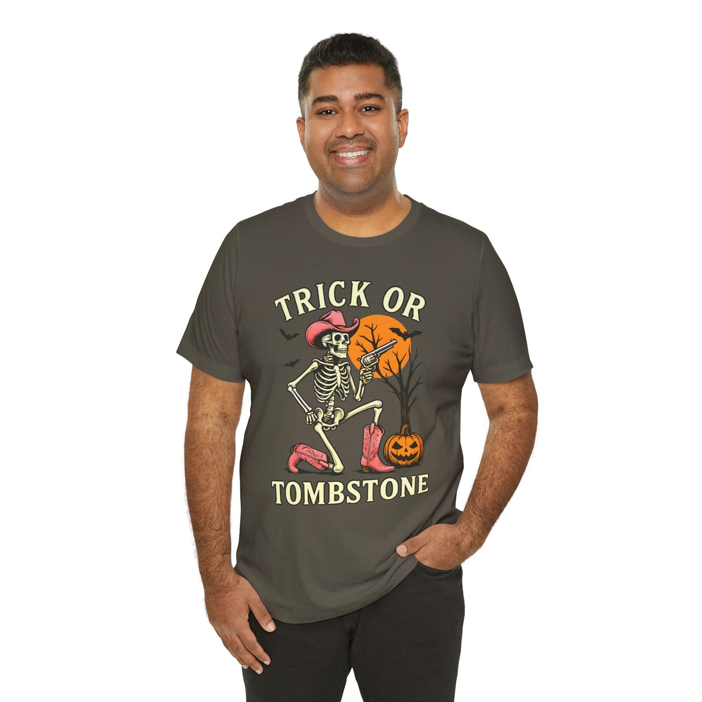 Trick or Tombstone Shirt Funny Skeleton Cowboy Halloween Tee, Spooky Western Rodeo Outfit