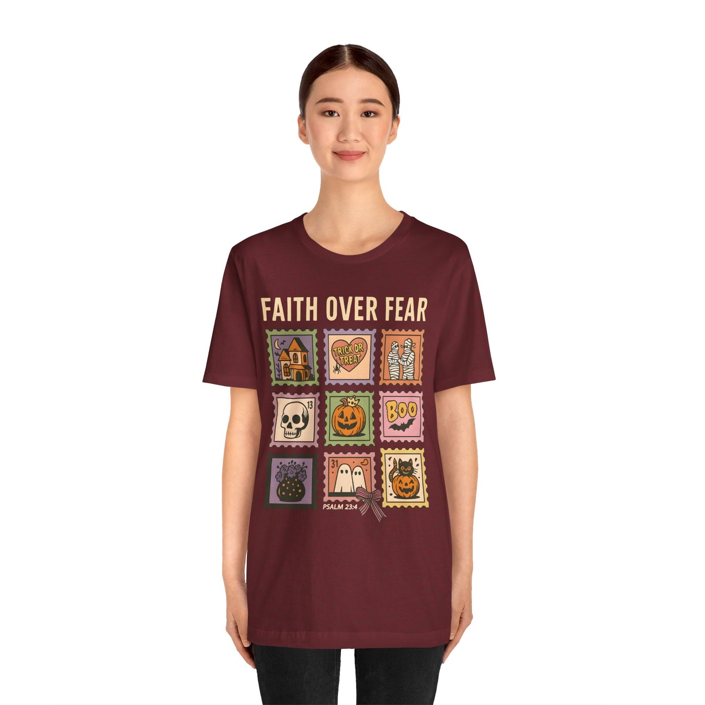 Faith Over Fear Shirt, Christian Halloween Stamp T-Shirt, Religious Spooky Season Tee