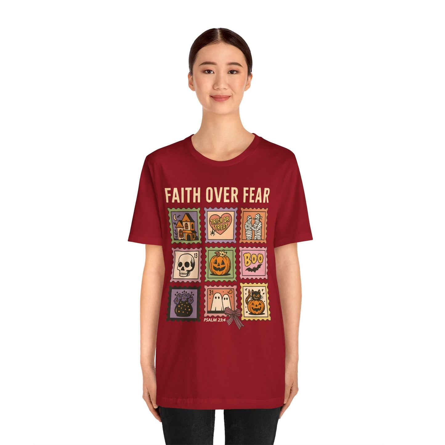 Faith Over Fear Shirt, Christian Halloween Stamp T-Shirt, Religious Spooky Season Tee