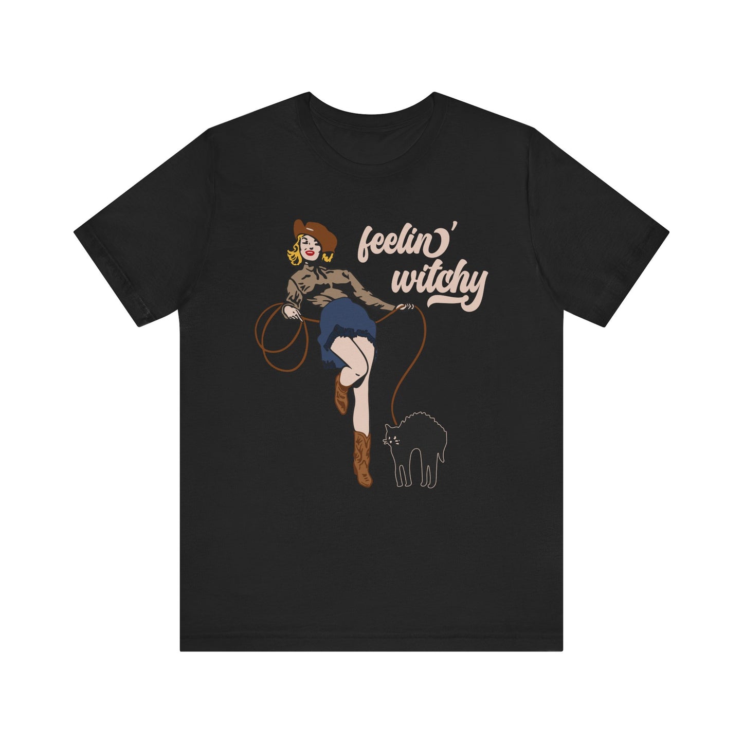 Feeling Witchy Shirt – Vintage Pin-Up Girl & Black Cat Halloween Tee