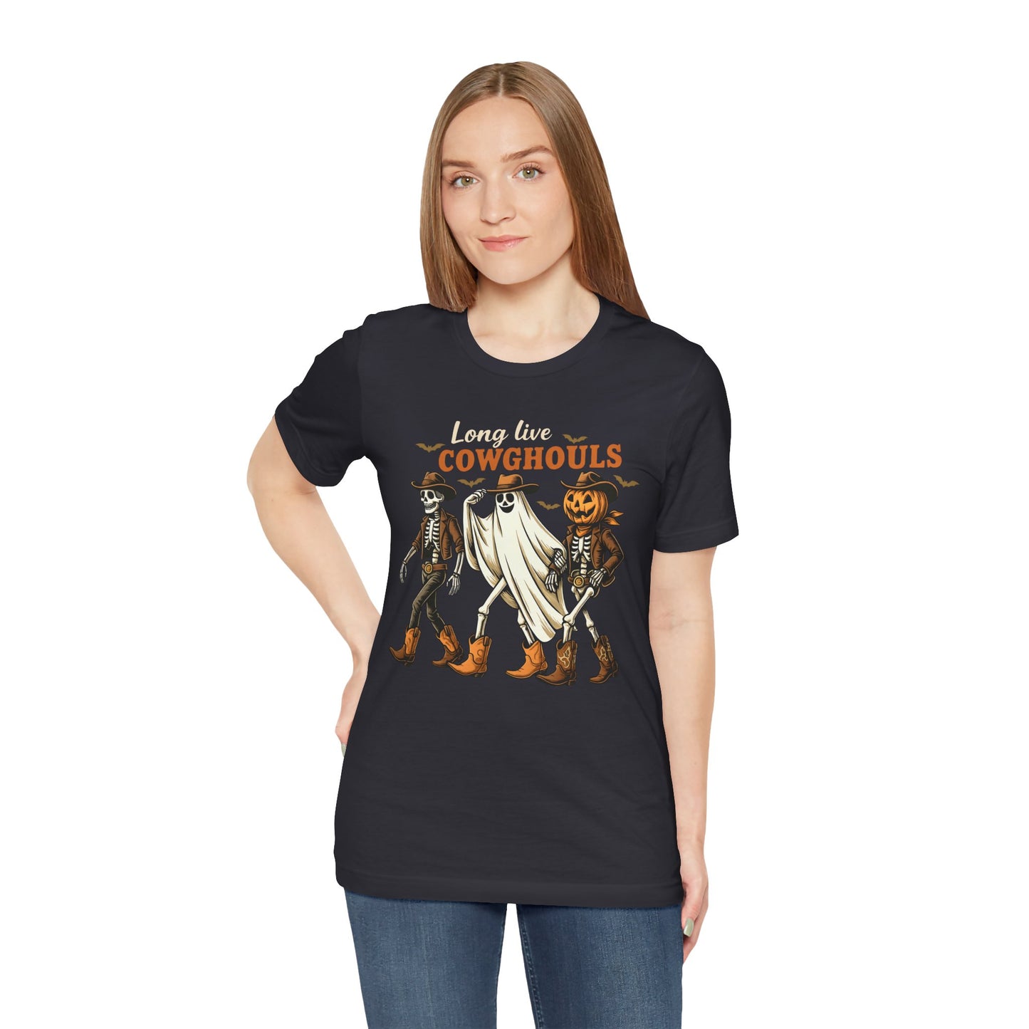 Long Live Cowghouls Shirt Western Halloween Skeleton Ghost Pumpkin Tee, Spooky Cowgirl Fall Outfit