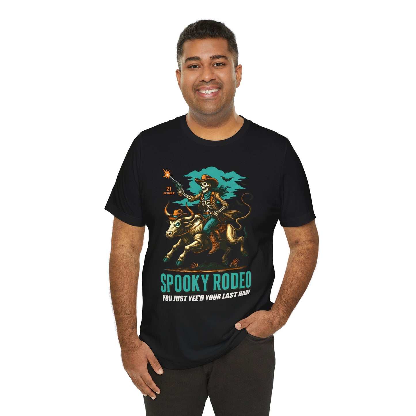 Spooky Rodeo Shirt Skeleton Cowboy Halloween Tee, Western Bull Rider Graphic for Fall