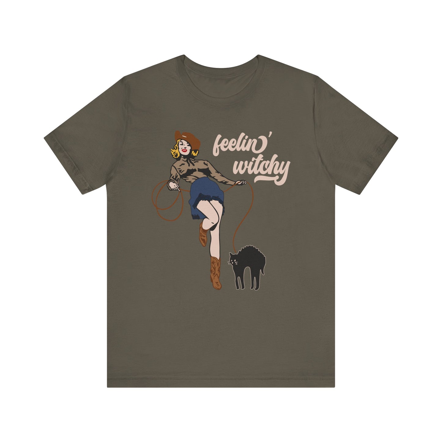 Feeling Witchy Shirt – Vintage Pin-Up Girl & Black Cat Halloween Tee