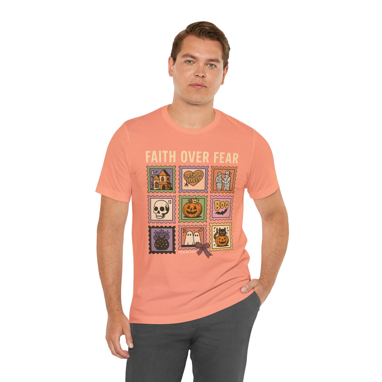 Faith Over Fear Shirt, Christian Halloween Stamp T-Shirt, Religious Spooky Season Tee