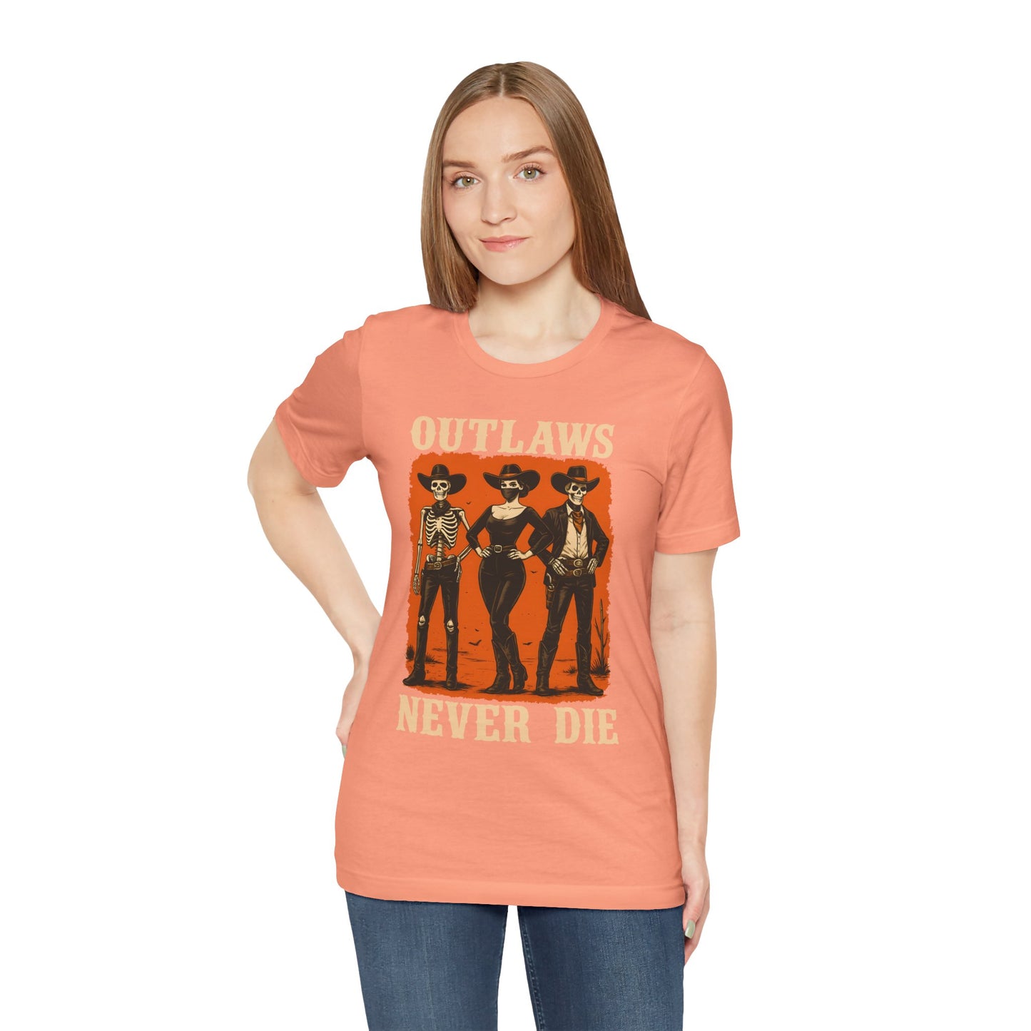 Outlaws Never Die Shirt – Gothic Western Skeleton Cowboy Halloween Tee