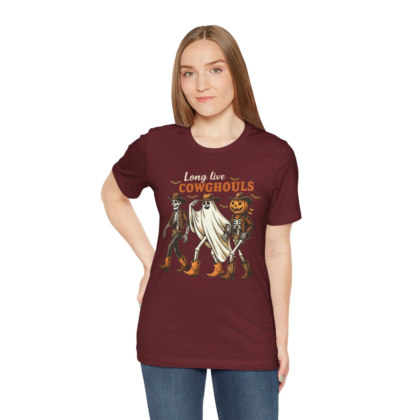 Long Live Cowghouls Shirt Western Halloween Skeleton Ghost Pumpkin Tee, Spooky Cowgirl Fall Outfit