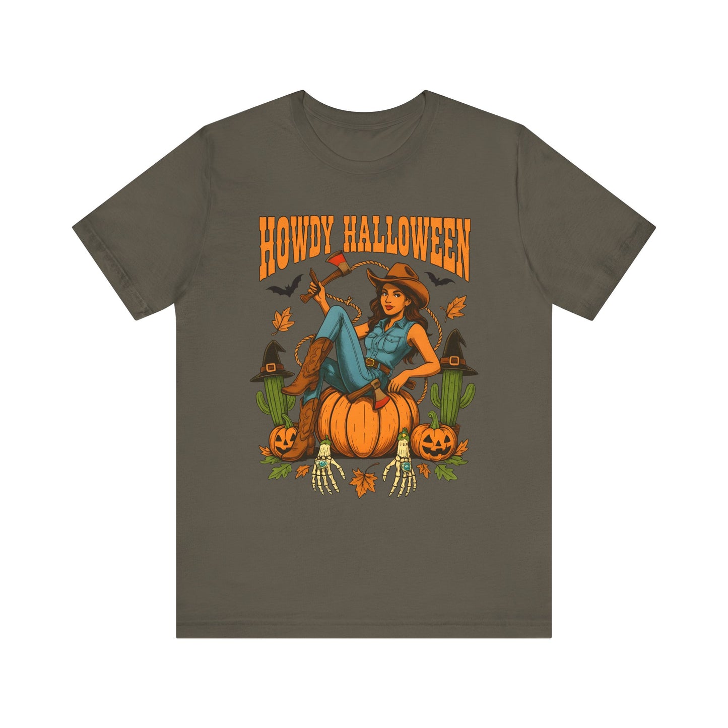 Howdy Halloween Shirt – Cowgirl on Pumpkin Tee with Skeleton Hands