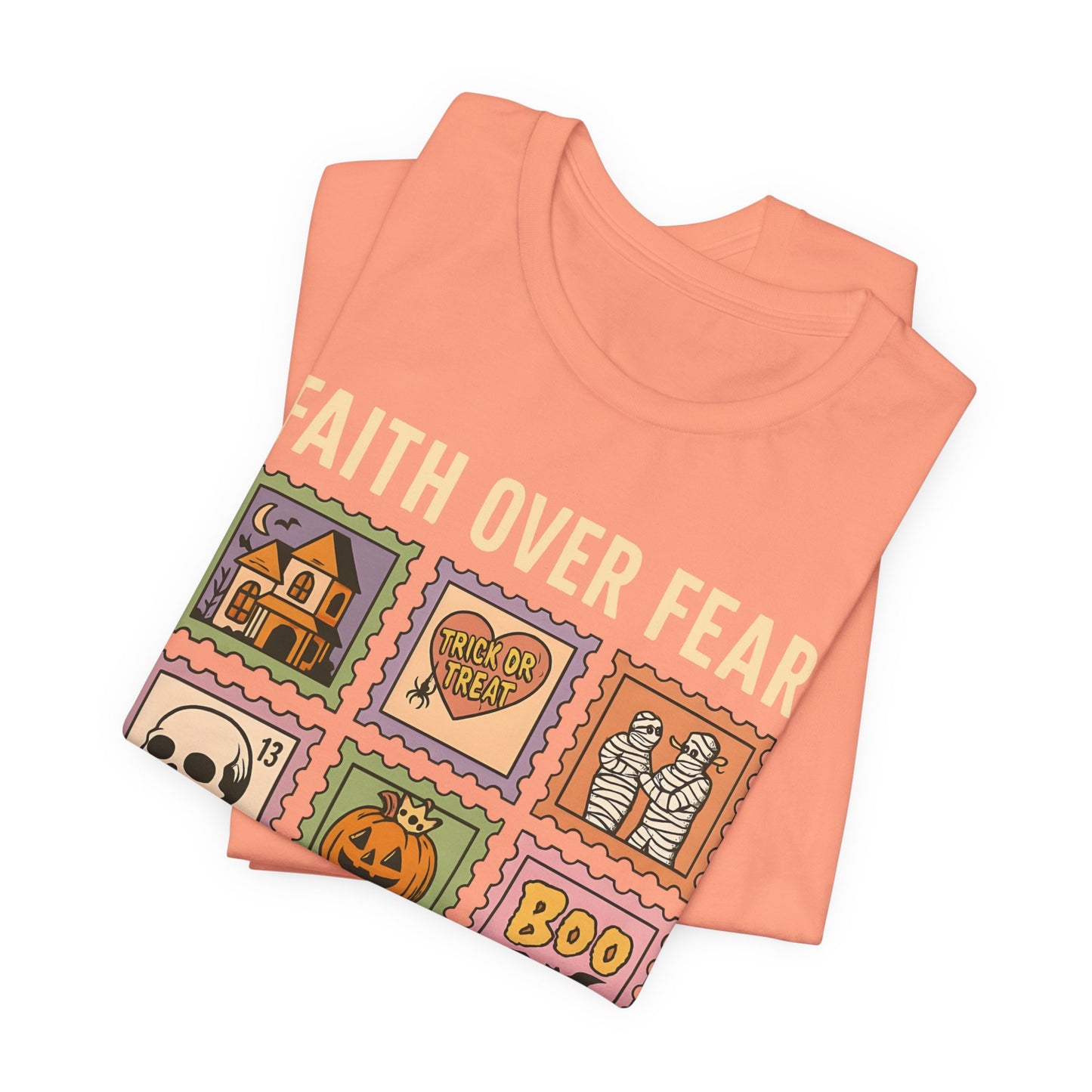 Faith Over Fear Shirt, Christian Halloween Stamp T-Shirt, Religious Spooky Season Tee