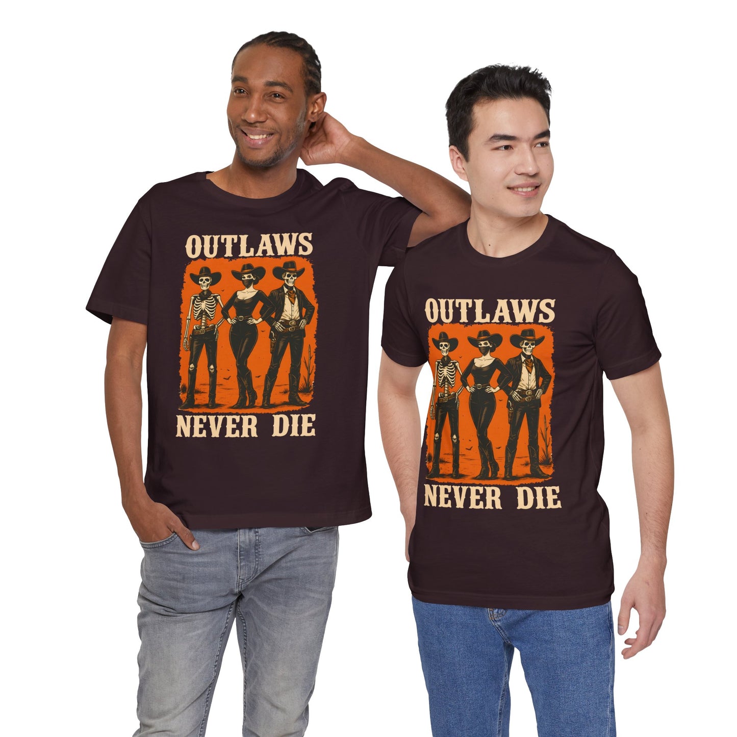 Outlaws Never Die Shirt – Gothic Western Skeleton Cowboy Halloween Tee