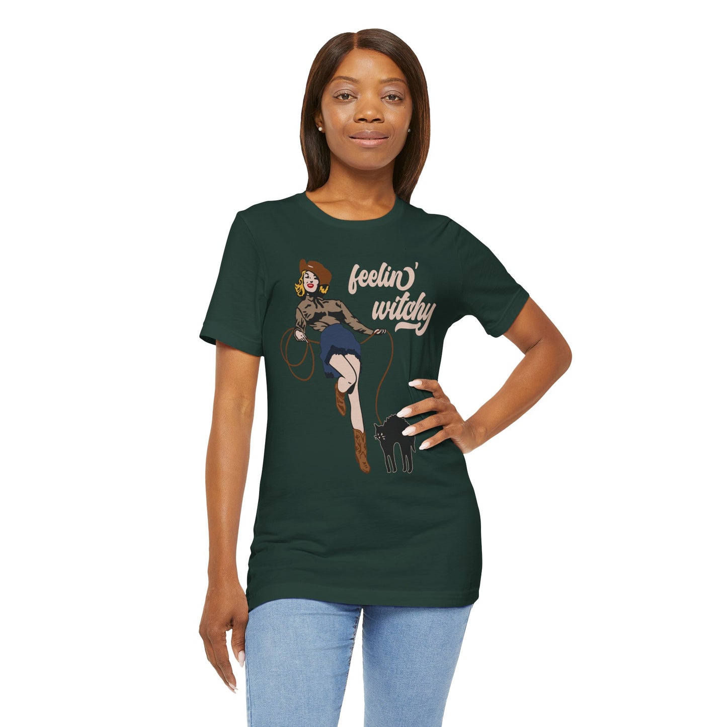Feeling Witchy Shirt – Vintage Pin-Up Girl & Black Cat Halloween Tee