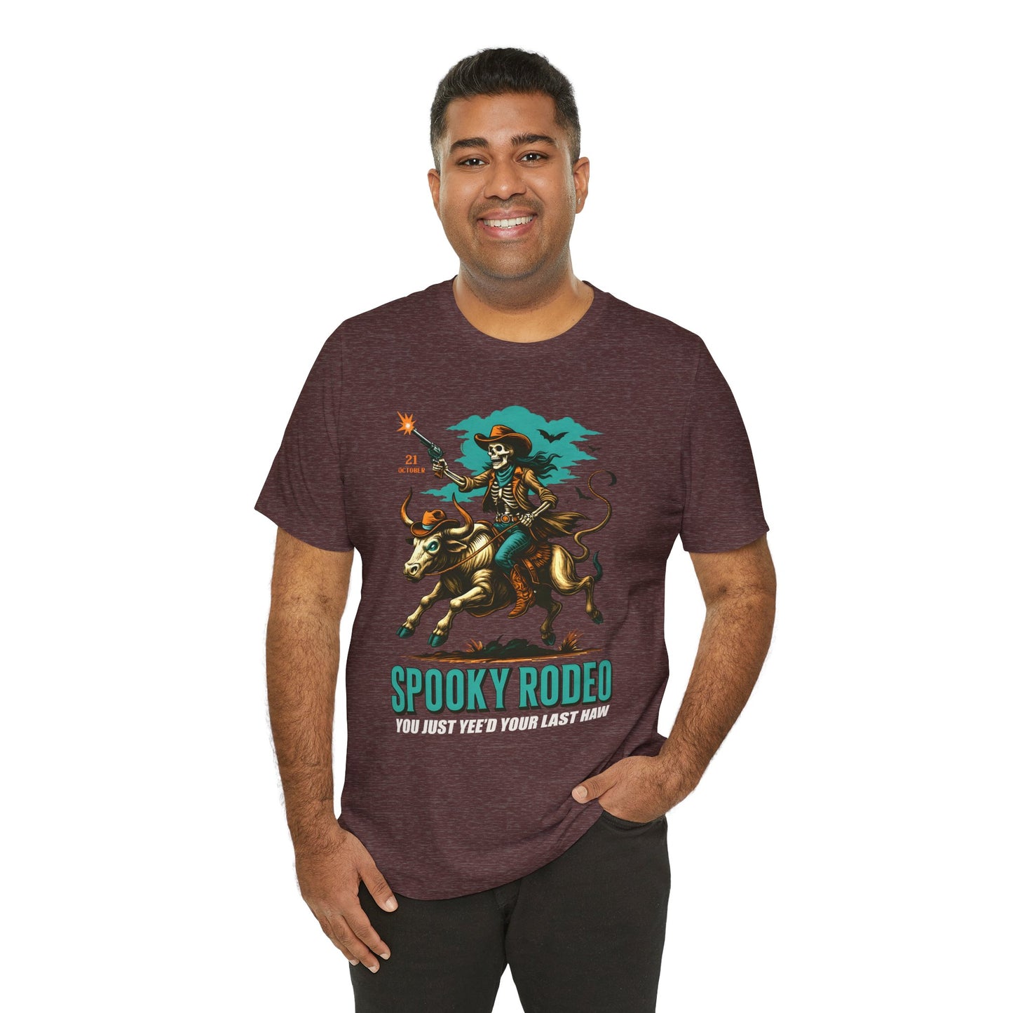 Spooky Rodeo Shirt Skeleton Cowboy Halloween Tee, Western Bull Rider Graphic for Fall