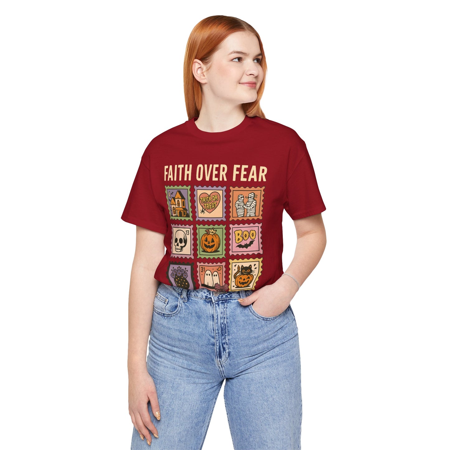 Faith Over Fear Shirt, Christian Halloween Stamp T-Shirt, Religious Spooky Season Tee