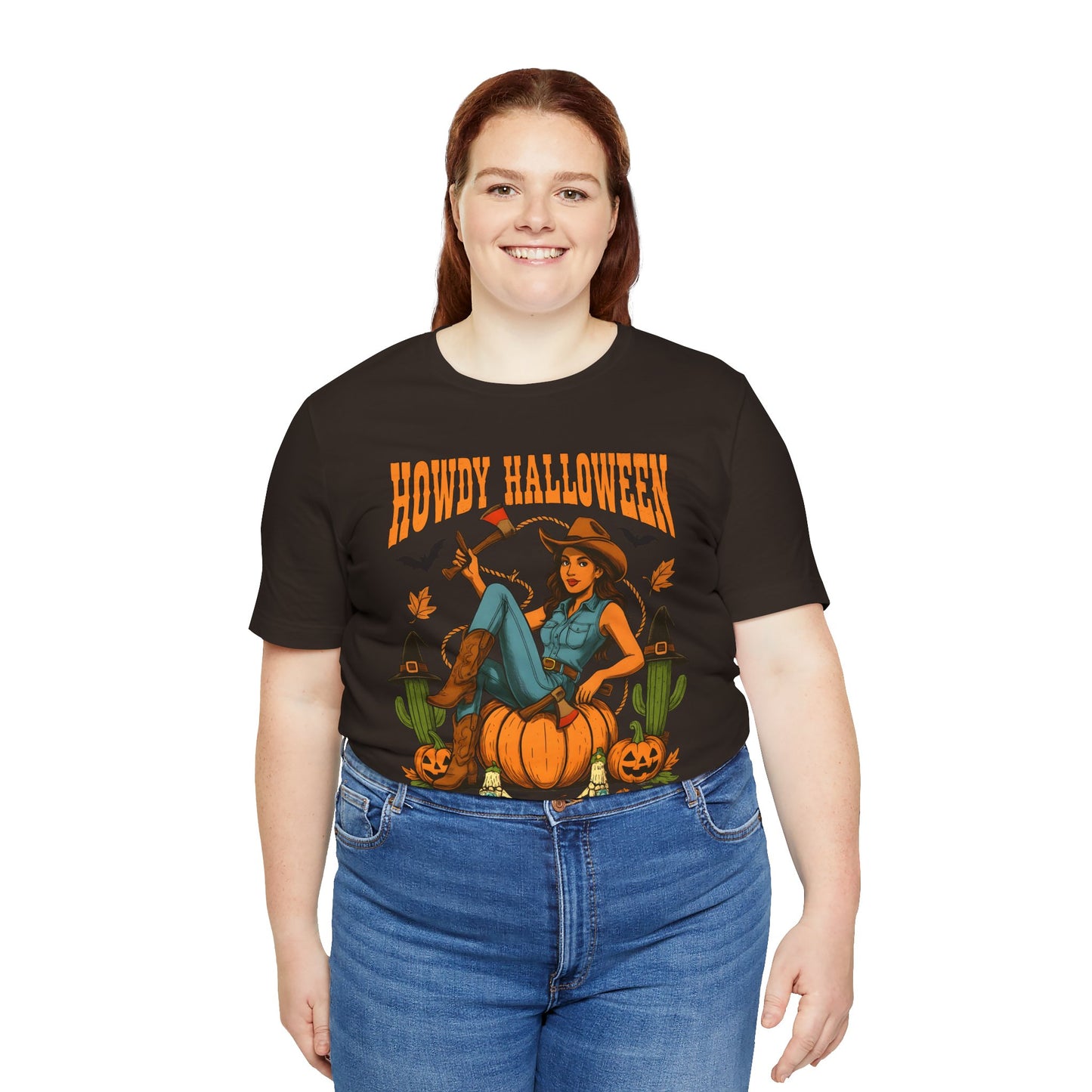 Howdy Halloween Shirt – Cowgirl on Pumpkin Tee with Skeleton Hands
