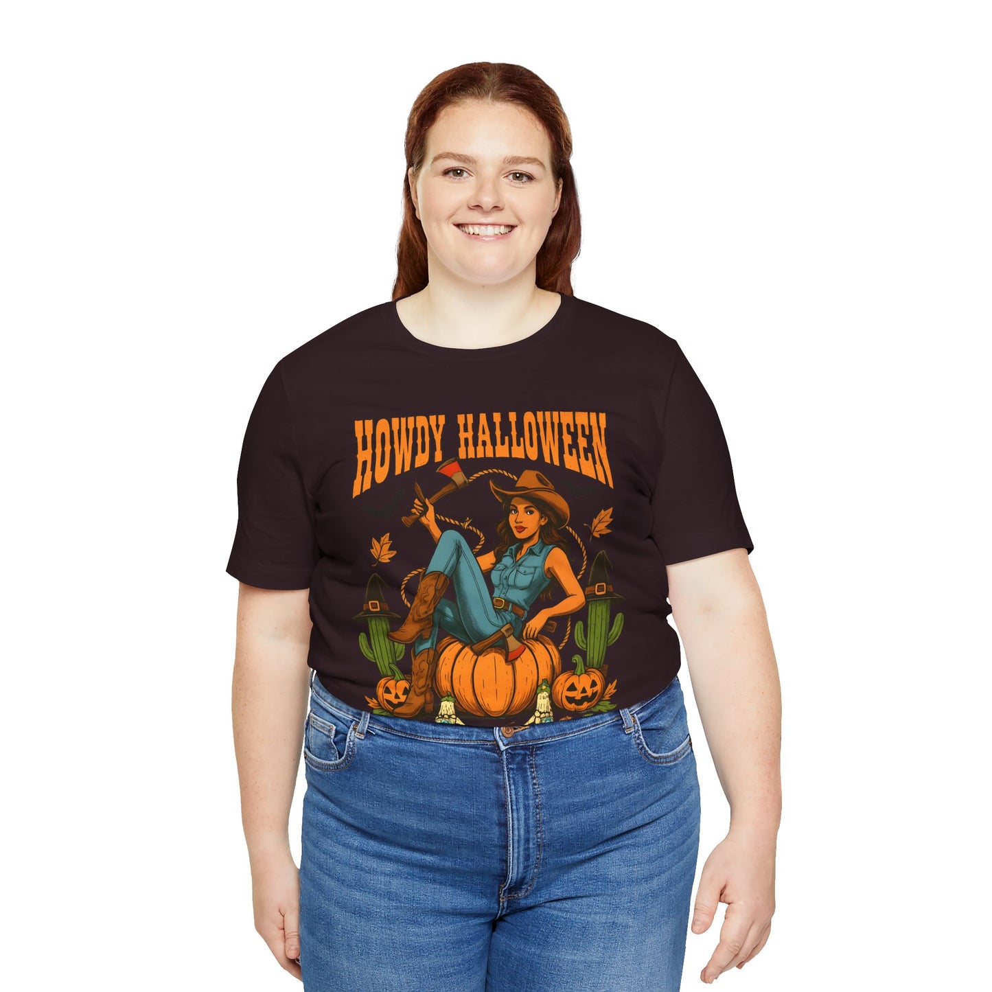 Howdy Halloween Shirt – Cowgirl on Pumpkin Tee with Skeleton Hands