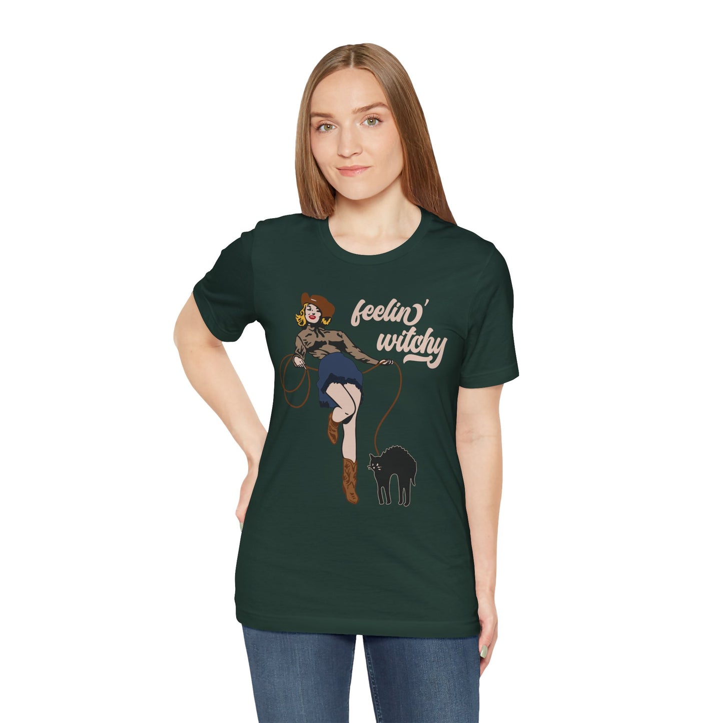 Feeling Witchy Shirt – Vintage Pin-Up Girl & Black Cat Halloween Tee