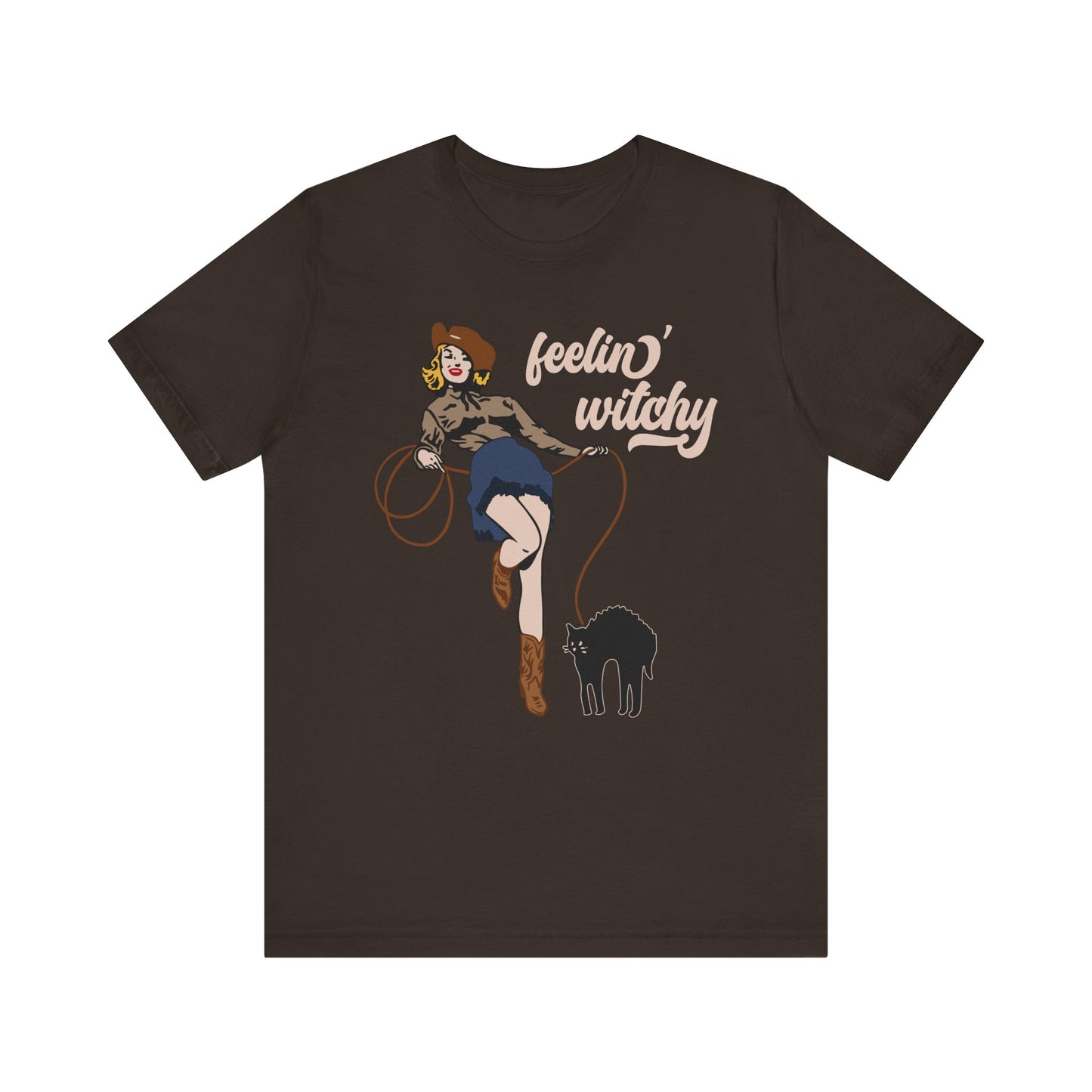 Feeling Witchy Shirt – Vintage Pin-Up Girl & Black Cat Halloween Tee