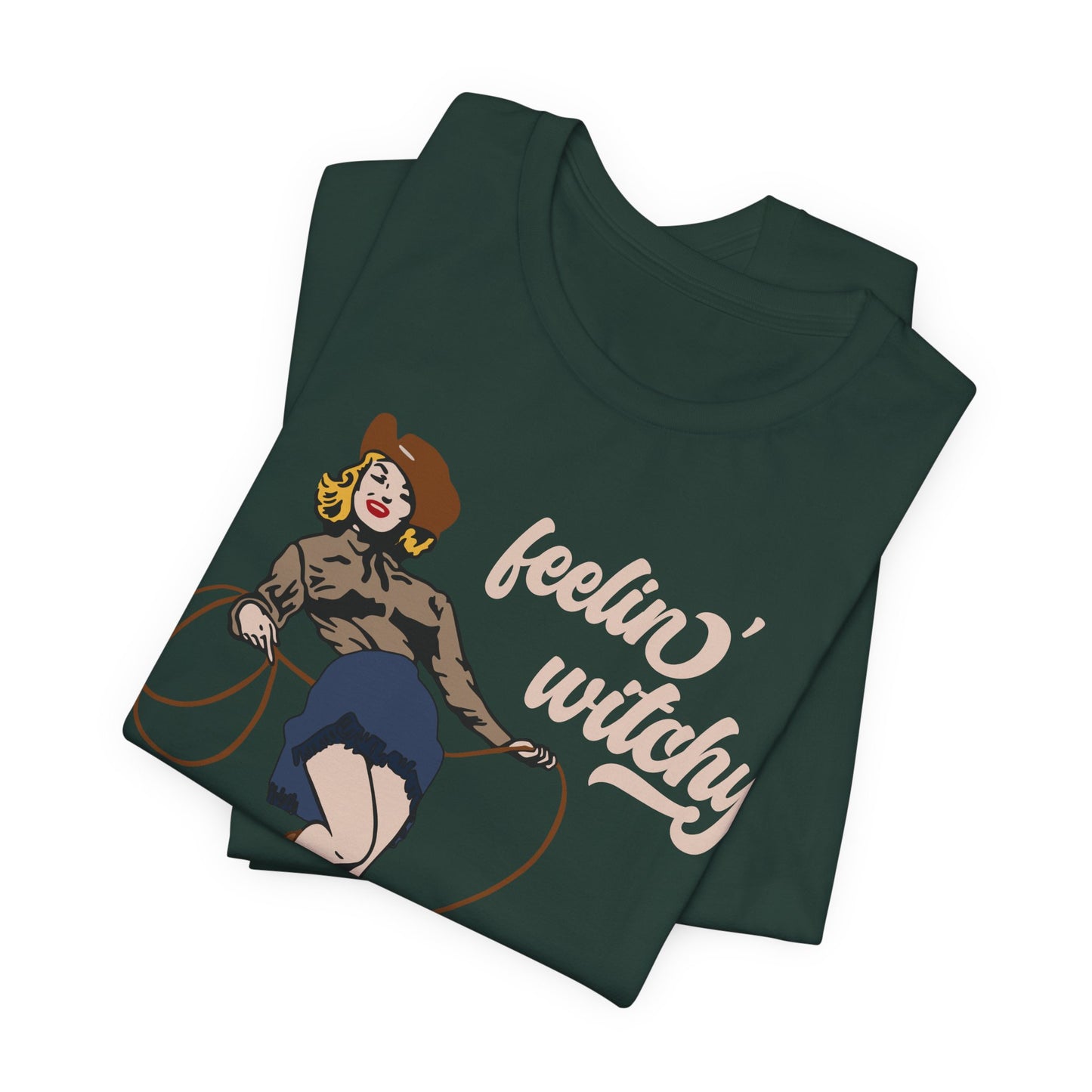 Feeling Witchy Shirt – Vintage Pin-Up Girl & Black Cat Halloween Tee