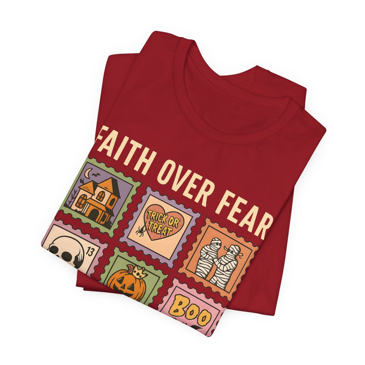 Faith Over Fear Shirt, Christian Halloween Stamp T-Shirt, Religious Spooky Season Tee