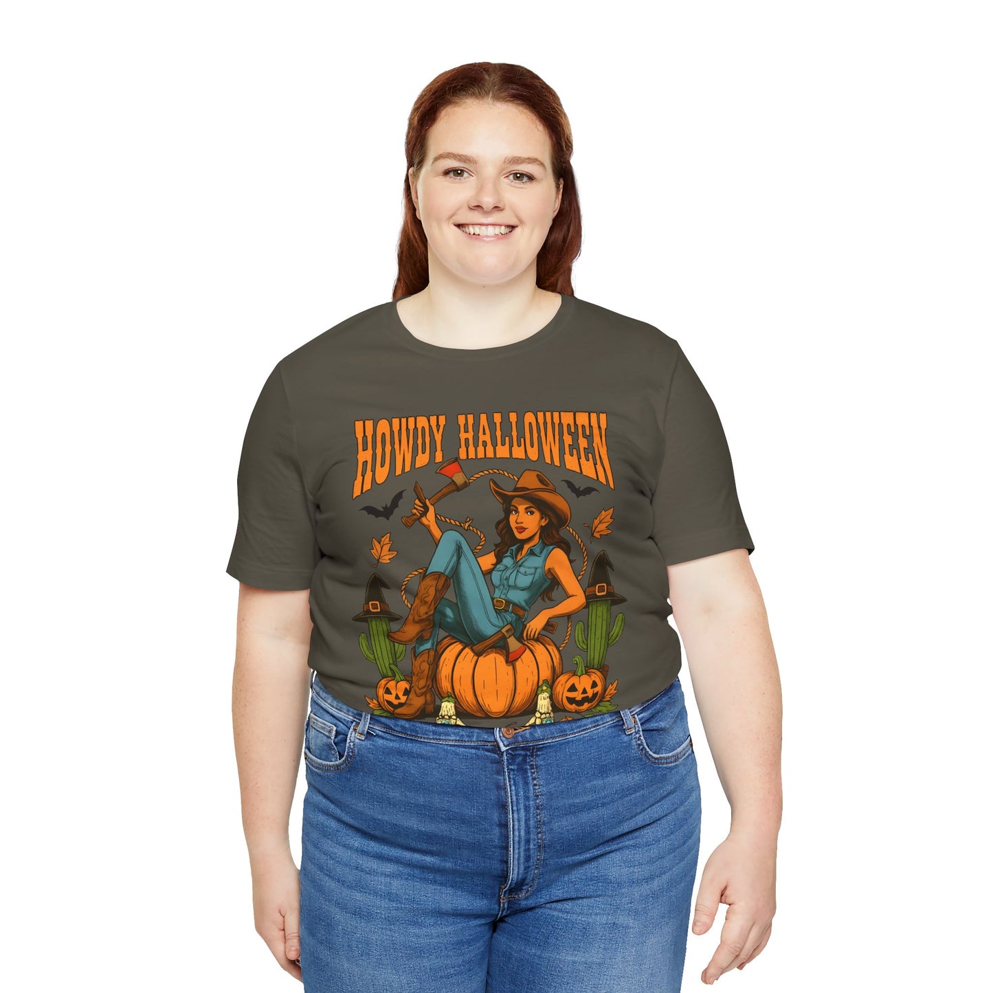 Howdy Halloween Shirt – Cowgirl on Pumpkin Tee with Skeleton Hands