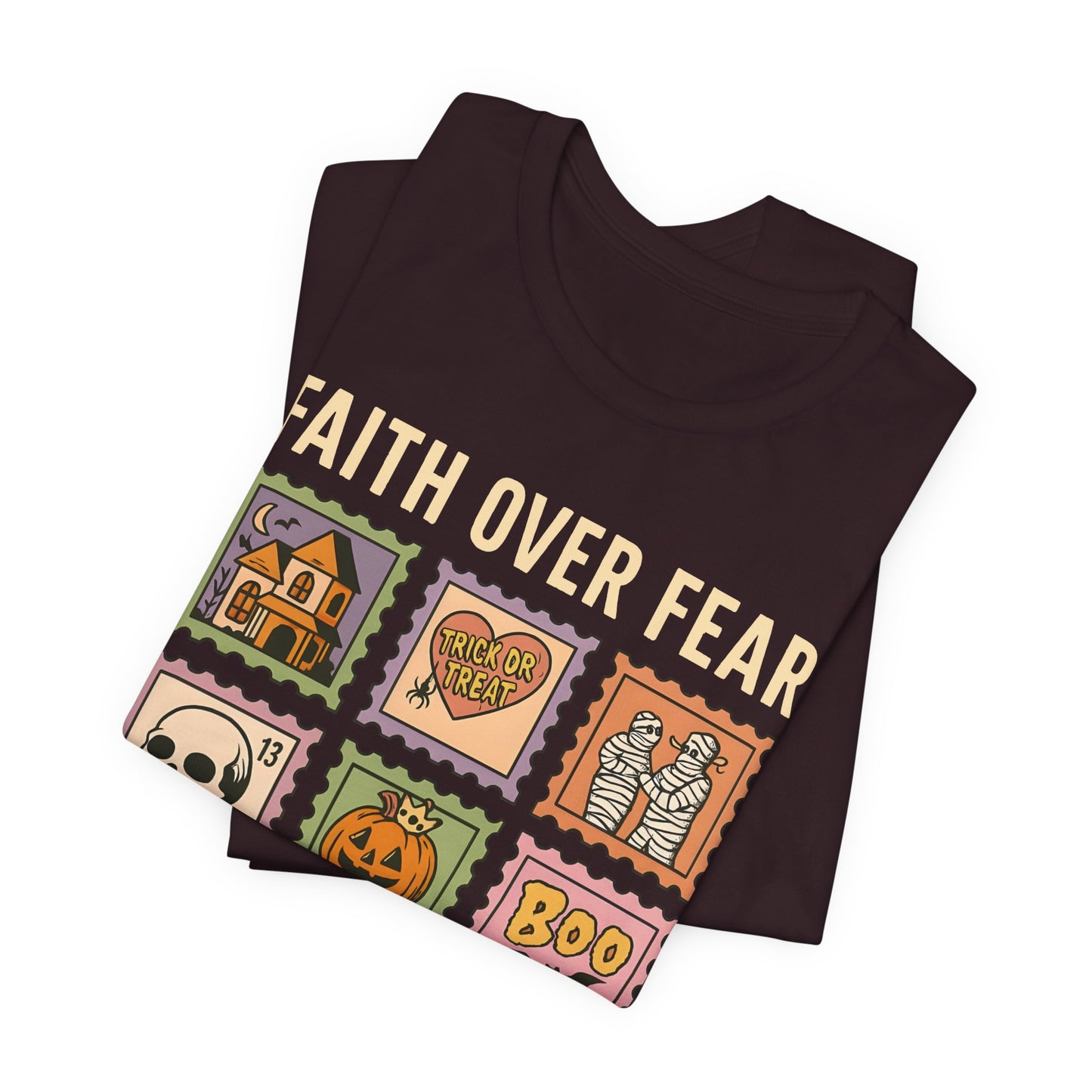 Faith Over Fear Shirt, Christian Halloween Stamp T-Shirt, Religious Spooky Season Tee