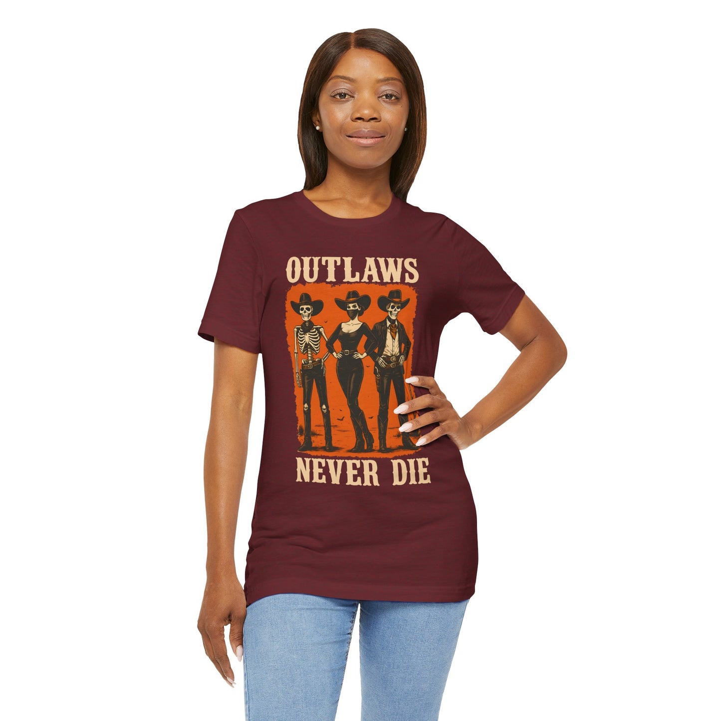 Outlaws Never Die Shirt – Gothic Western Skeleton Cowboy Halloween Tee