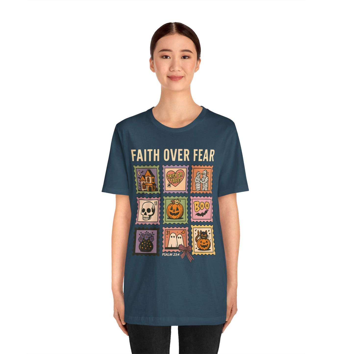 Faith Over Fear Shirt, Christian Halloween Stamp T-Shirt, Religious Spooky Season Tee